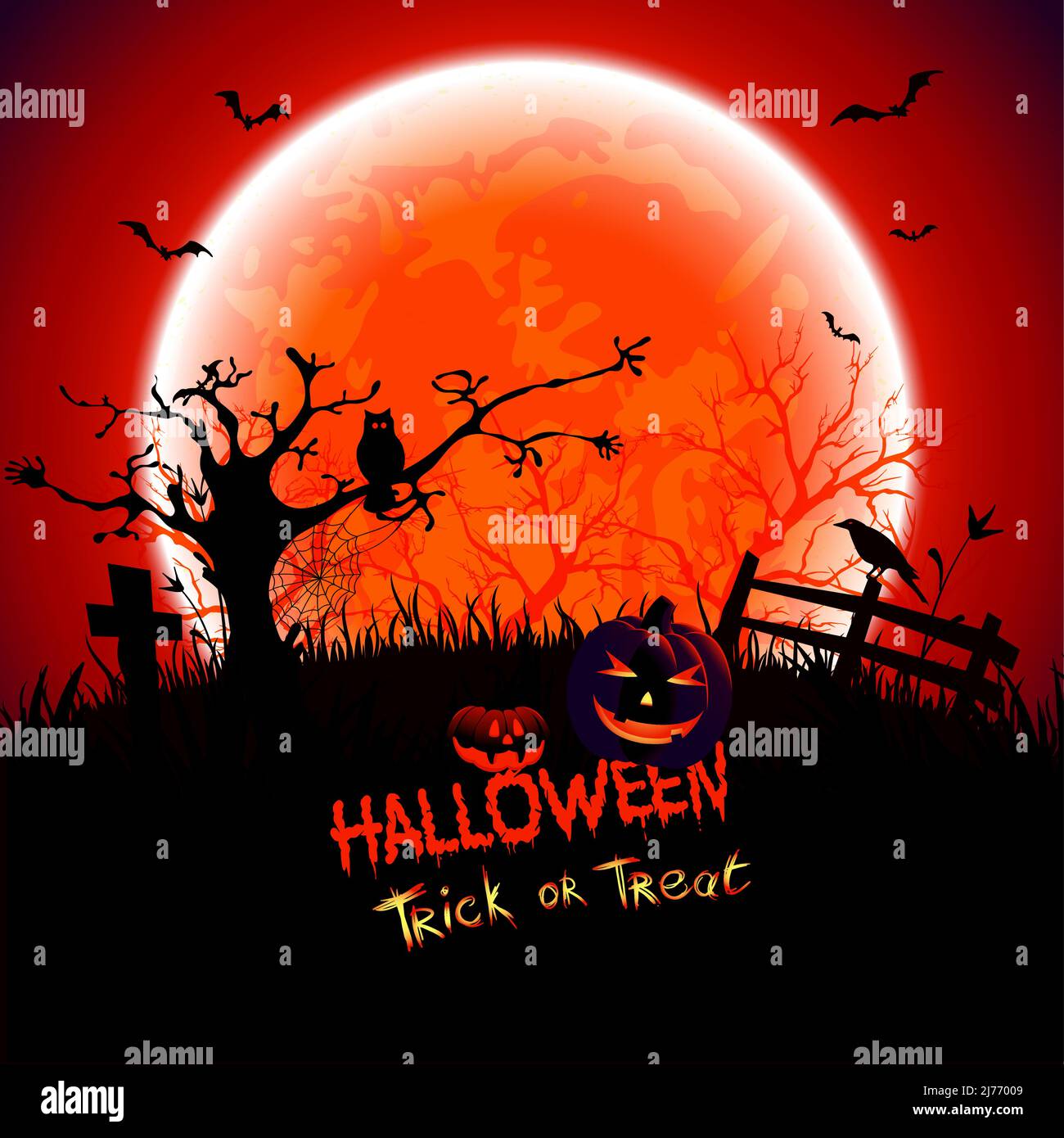 Halloween Trick Or Treat Blood Moon With Scary Pumpkin Bat Owl Cobweb Tree Cross Stock Vector