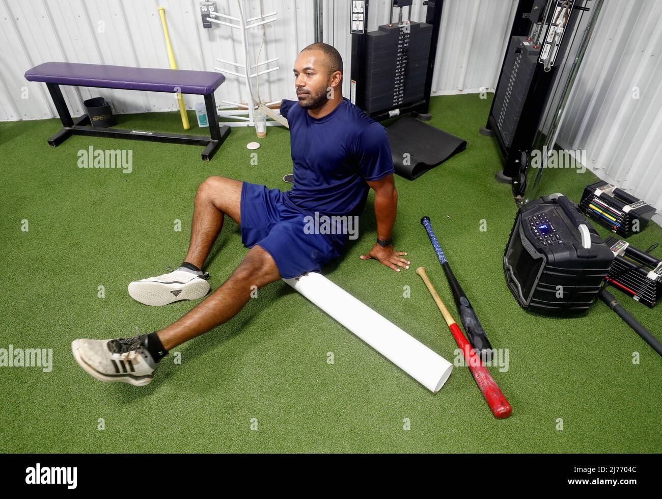 May 6, 2022, Geneva, IL, USA: May 6, 2022 Geneva, Illinois, USA:  Kane County Cougars outfielder NICK ANDERSON of Sugar Land, Texas stretches during batting practice the indoor facility at Northwestern Medicine Field. Anderson originally joined the Cougars in August 2021 after playing for the Fort Myers Mighty Mussels (Single-A affiliate of the Minnesota Twins) and the Houston Apollos  (Credit Image: © H. Rick Bamman/ZUMA Press Wire) Credit: ZUMA Press, Inc./Alamy Live News Stock Photo