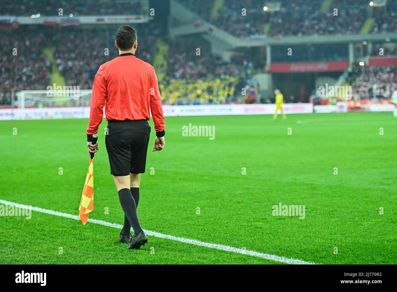 Soccer touchline referee with the flag during match at the football