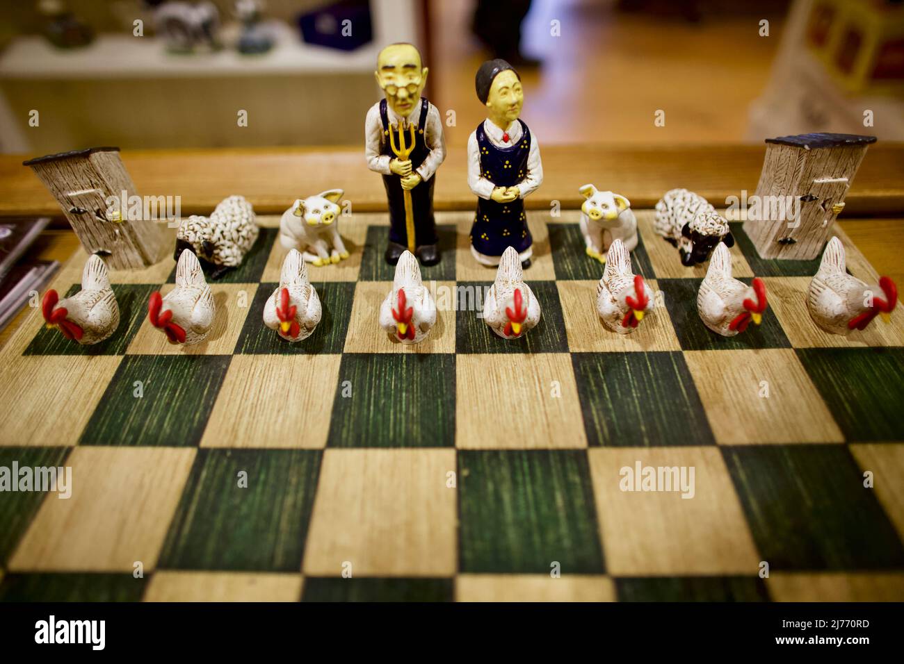 American Gothic themed chess set at Valley Shepherd Creamery is a unique farm experience in New Jersey, USA. Stock Photo
