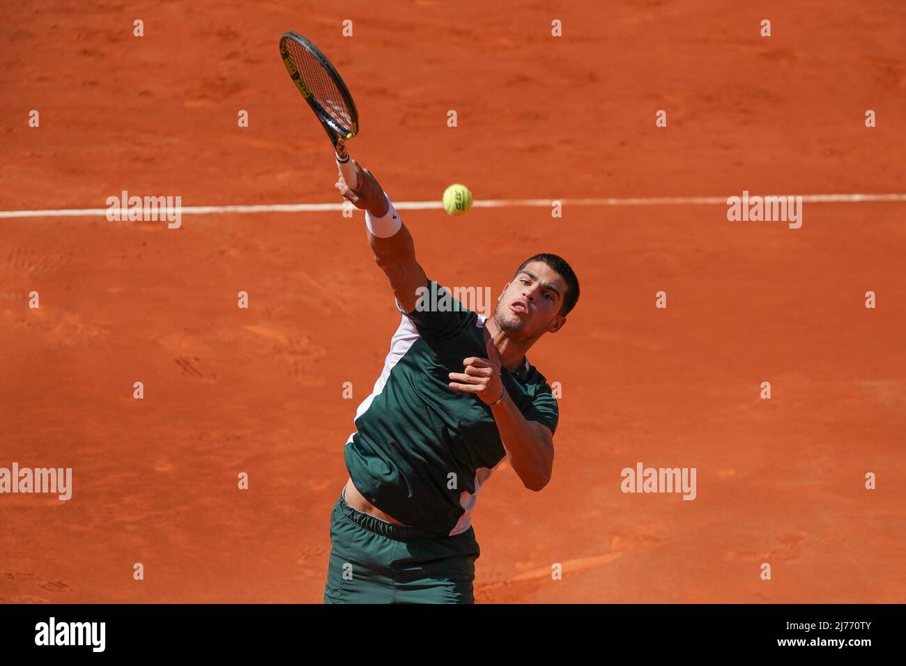 Spanish Carlos Alcaraz plays against Rafael Nadal during their 2022 ATP  Tour Madrid Open tennis tournament singles quarter-finals match at the Caja  Magica in Madrid.Carlos Alcaraz beats Rafael Nadal (6-2,1-6,3-6) (Photo by