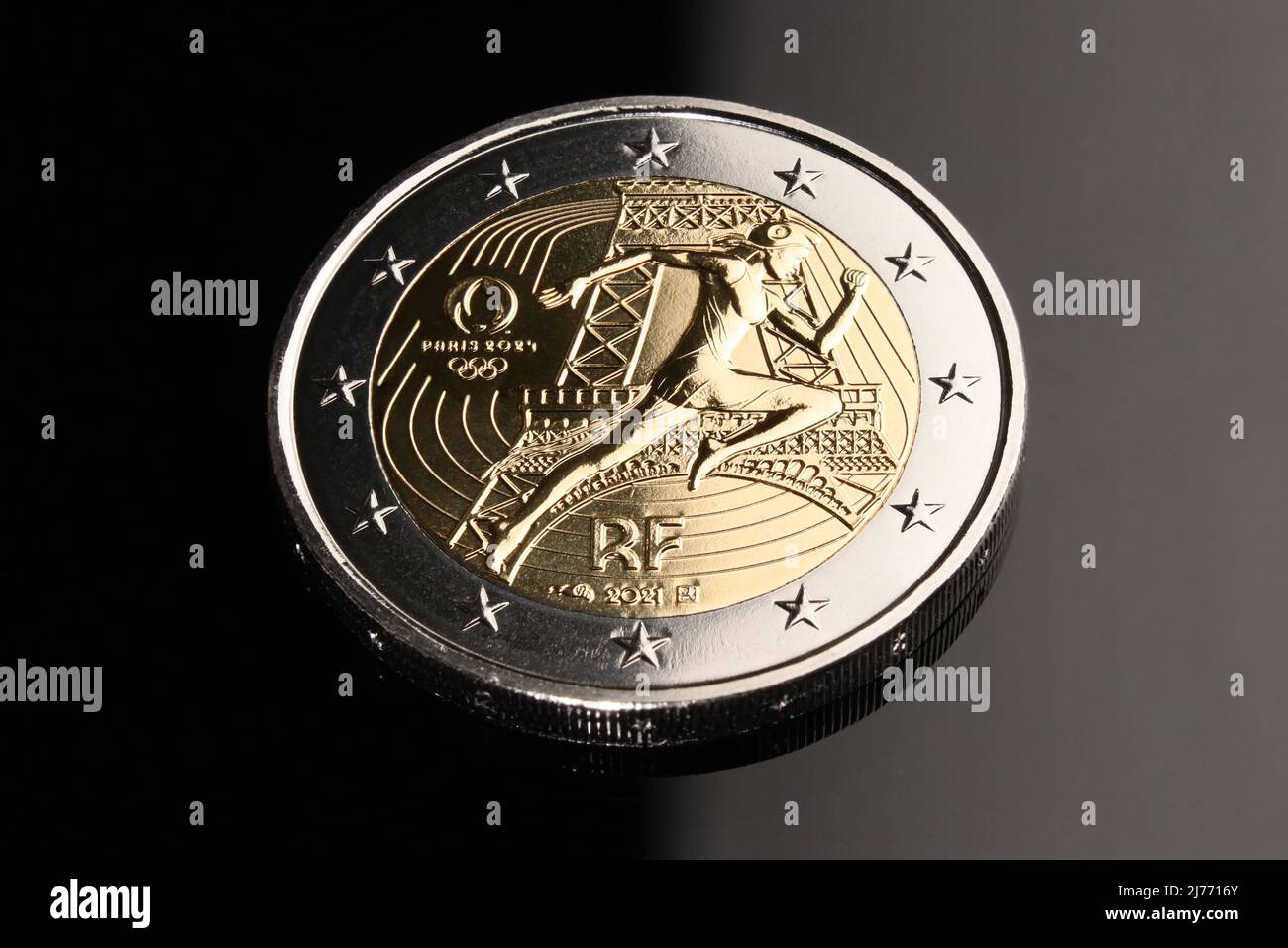 Year 2021, France, commemorative 2 euro bimetallic coin, Olympic Games of Paris, editorial Stock Photo