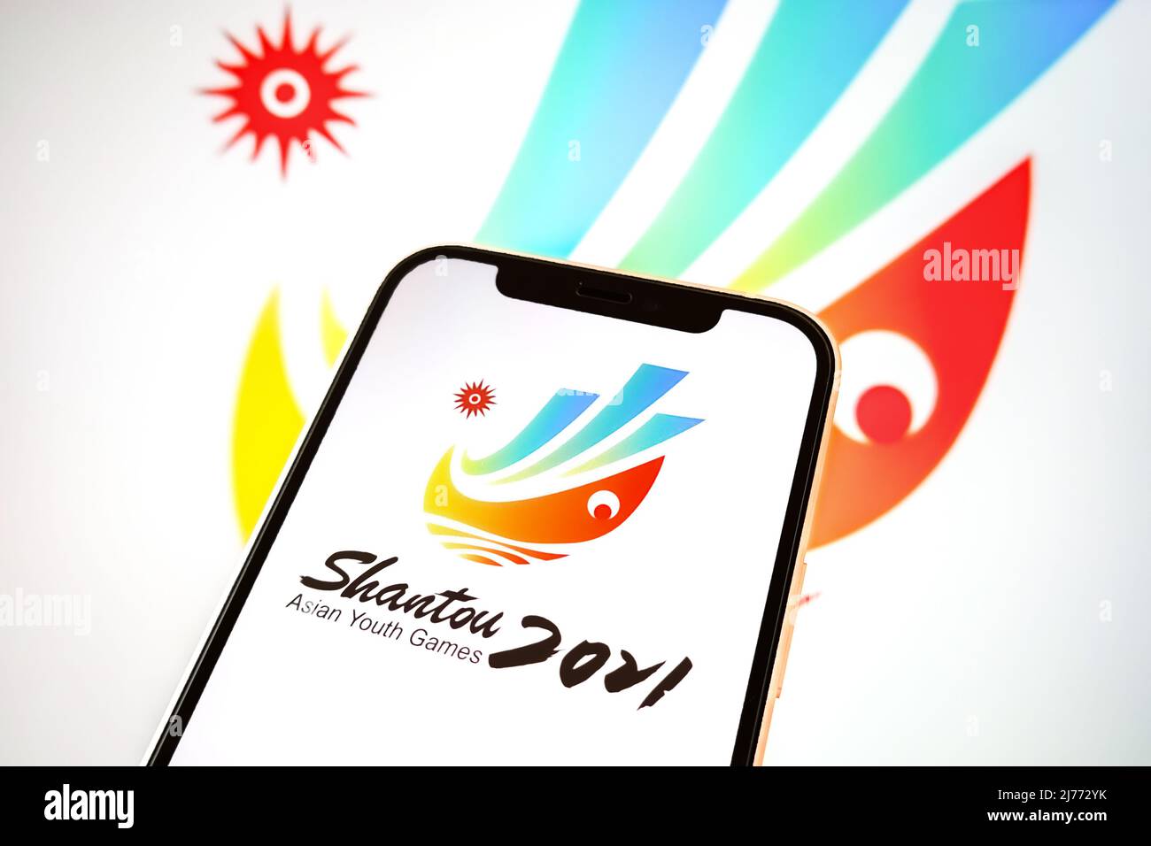 In this photo illustration, the 2021 Shantou Asian Youth Games logo is displayed on a smartphone screen. The Olympic Council of Asia (OCA), based in Kuwait, announced on Monday morning (local time) that the Third Asian Youth Games, which was scheduled to be held in Shantou, China, in December 2022, will be cancelled as the event has been postponed once. The next Asian Youth Games will be held in Tashkent, Uzbekistan, in 2025. Stock Photo