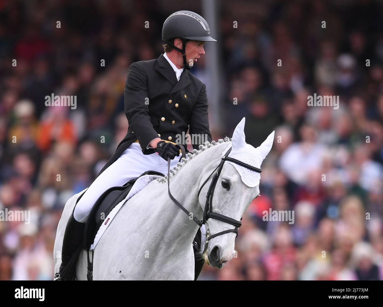 6th May 2022, Badminton Estate, Gloucester, England; Mars Equestrian Badminton Horse Trials, day 3; Richard Jones riding ALFIES CLOVER during the dressage test on day three of the 2022 Badminton Horse Trials Stock Photo