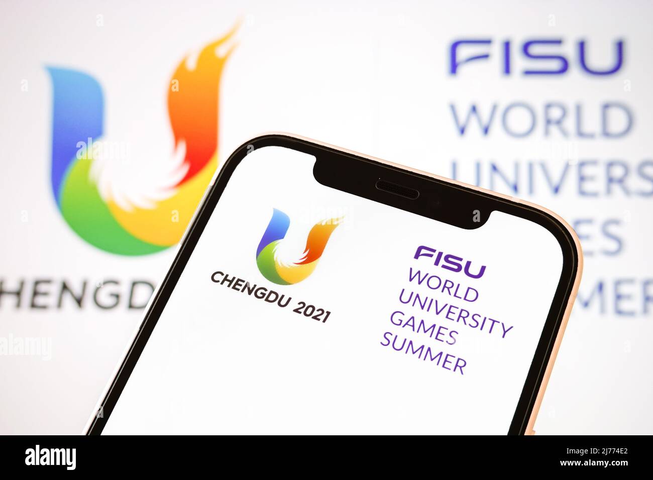 In this photo illustration, the logo of Chengdu World University Games is displayed on a smartphone screen. The Chengdu 2021 World University Games has been postponed until 2023, the International University Sports Federation (FISU) announced on Friday.The FISU Games had initially been scheduled for the summer of 2021 but were rescheduled for June this year following the postponement of the Olympic Games in Tokyo 2020. (Photo by Sheldon Cooper / SOPA Images/Sipa USA) Stock Photo