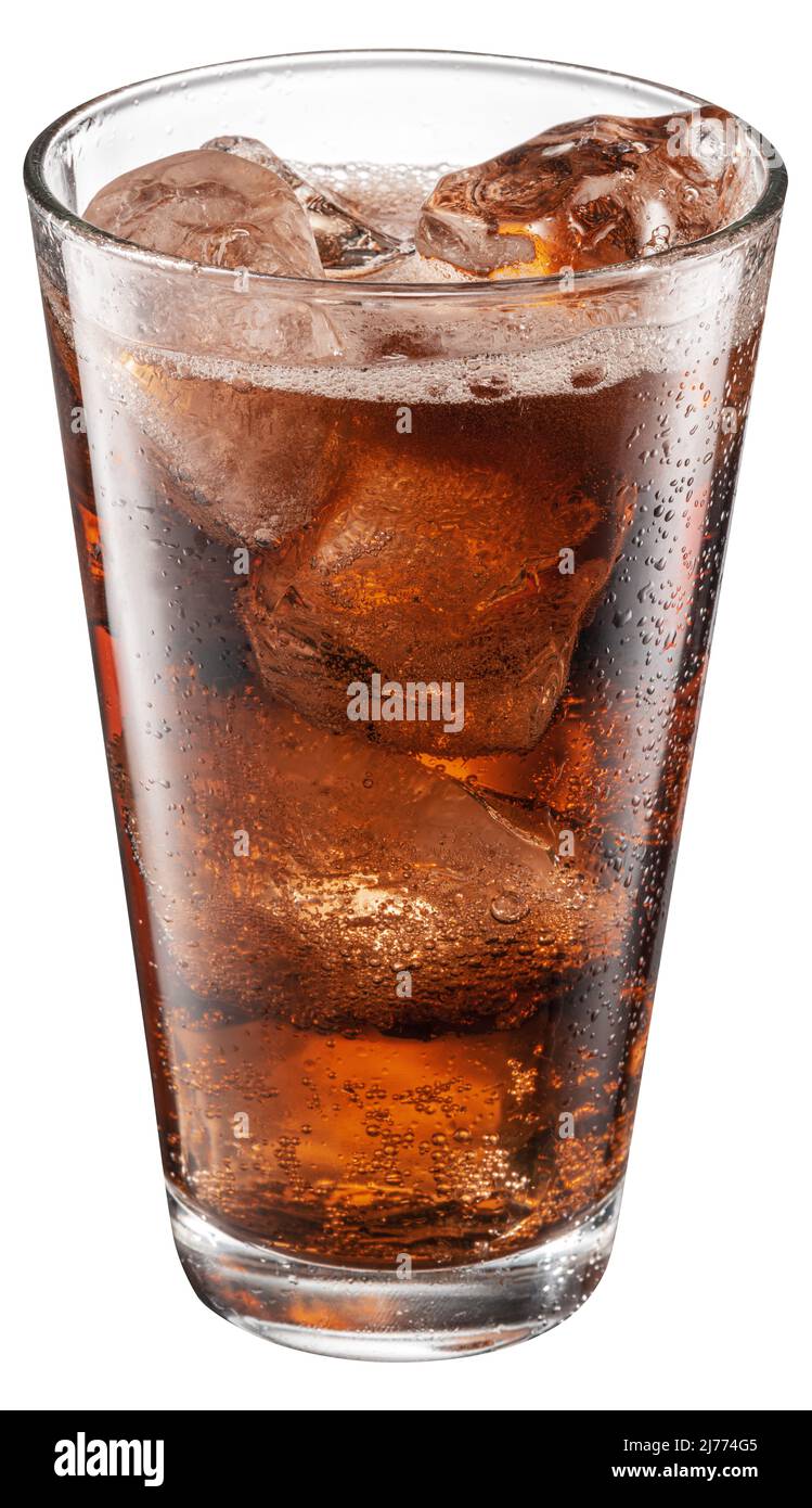 Cold glass of cola drink with ice cubes isolated on white background ...