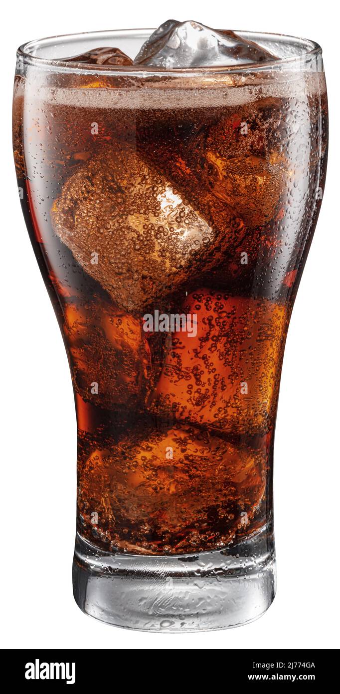 Cold glass of cola drink with ice cubes isolated on white background ...