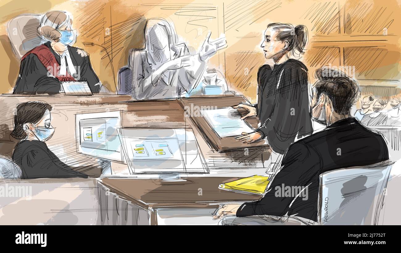 Court clerk, Justice Gillian Roberts, Complainant #1 , Defence Kelly Slate, Jacob Hoggard are shown in this courtroom sketch at Hoggard's trial in Toronto, Friday, May 6, 2022. THE CANADIAN PRESS/Alexandra Newbould Stock Photo