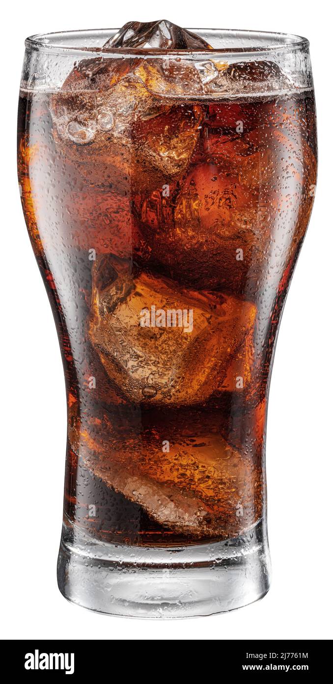 Cold glass of cola drink with ice cubes isolated on white background ...