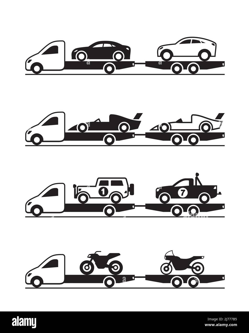 Pickup with trailer brings various vehicles - vector illustration Stock Vector