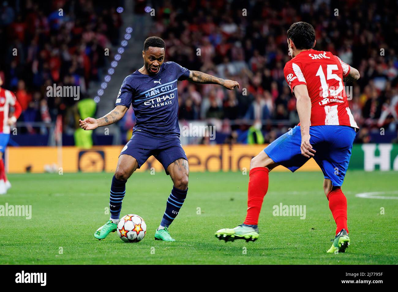MADRID - APR 13: Sterling in action during the Champions League match between Club Atletico de Madrid and Manchester City at the Metropolitano Stadium Stock Photo