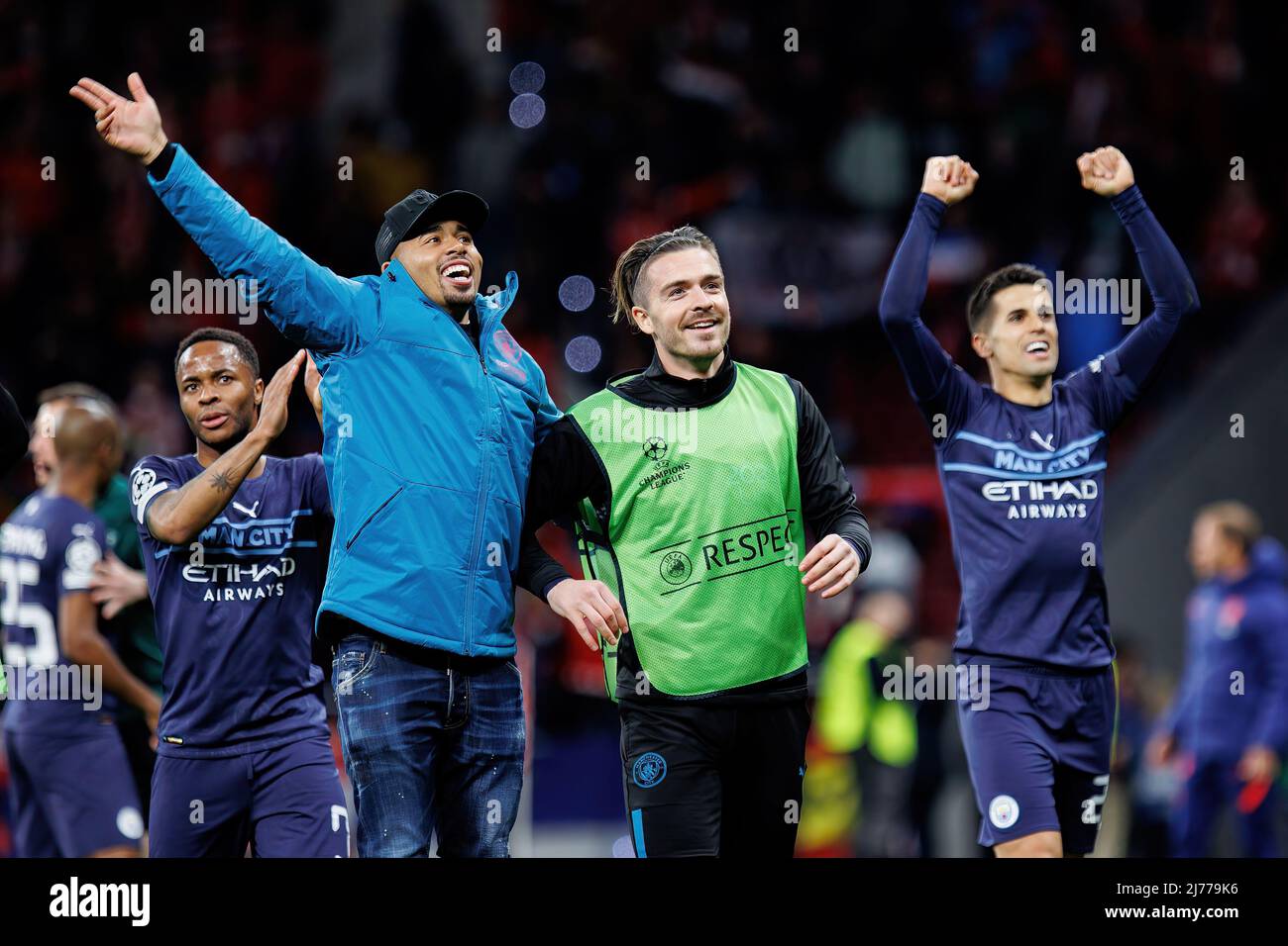 MADRID - APR 13: Grealish celebrates the victory after the Champions League match between Club Atletico de Madrid and Manchester City at the Metropoli Stock Photo