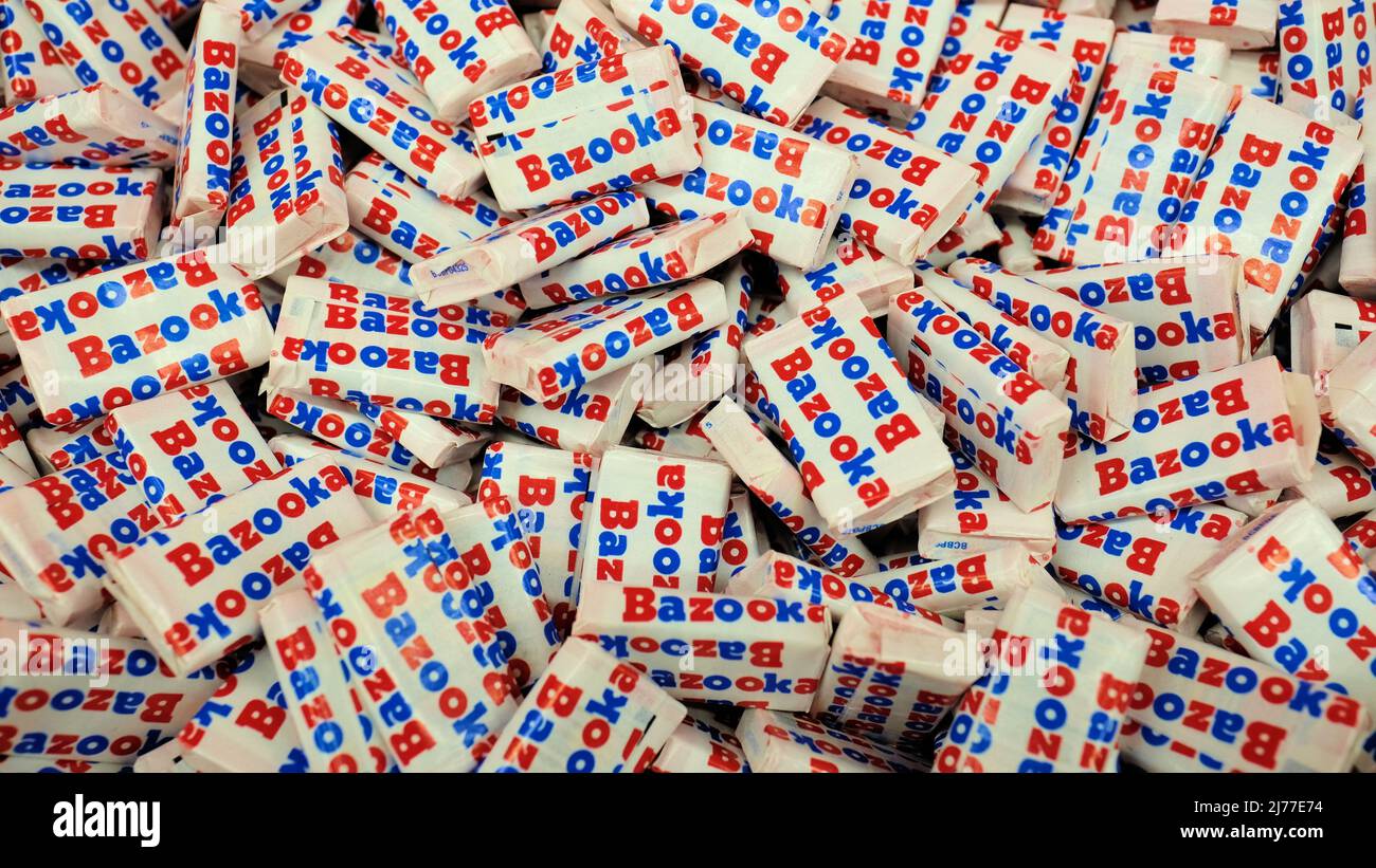 Individuallywrapped Bazooka bubble gum pieces containing Bazooka Joe