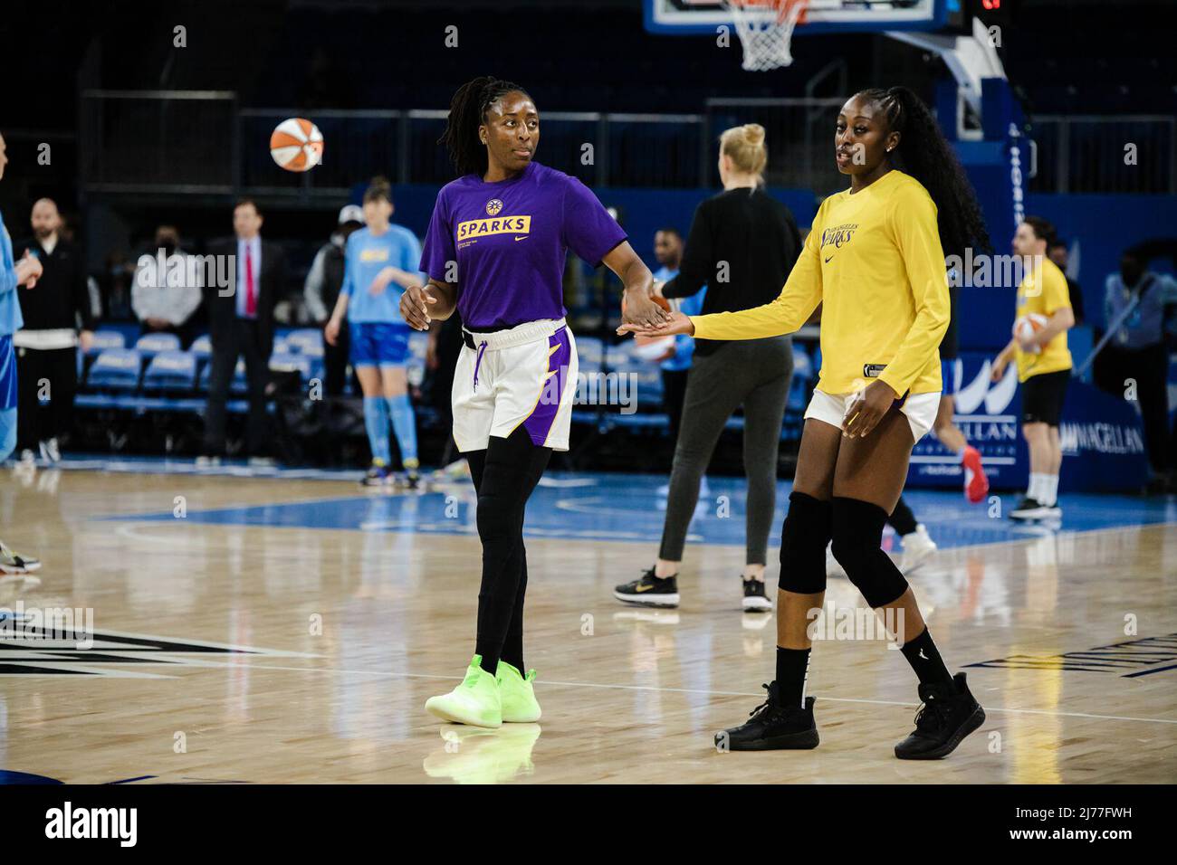 Nneka Ogwumike (30 Los Angeles Sparks) and sister Chiney Ogwumike (13 Los Angeles Sparks) warm up before the WNBA basketball game between the Chicago Sky and Los Angeles Sparks on Friday May 6th, 2022 at Wintrust Arena, Chicago, USA. (NO COMMERCIAL USAGE)  Shaina Benhiyoun/SPP Stock Photo