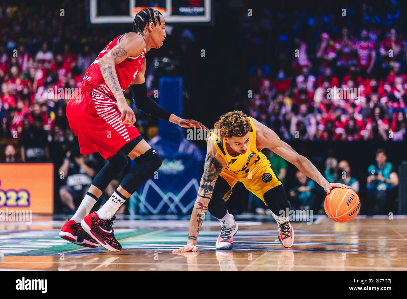 Bilbao, Basque Country, SPAIN. 7th May, 2022. JONAH RADEBAUGH (12) of  Ludwigsburg tries to controll the ball during the Basketball Campions  League semi-final game between MHP Riesen Ludwigsburg and Baxi Manresa at