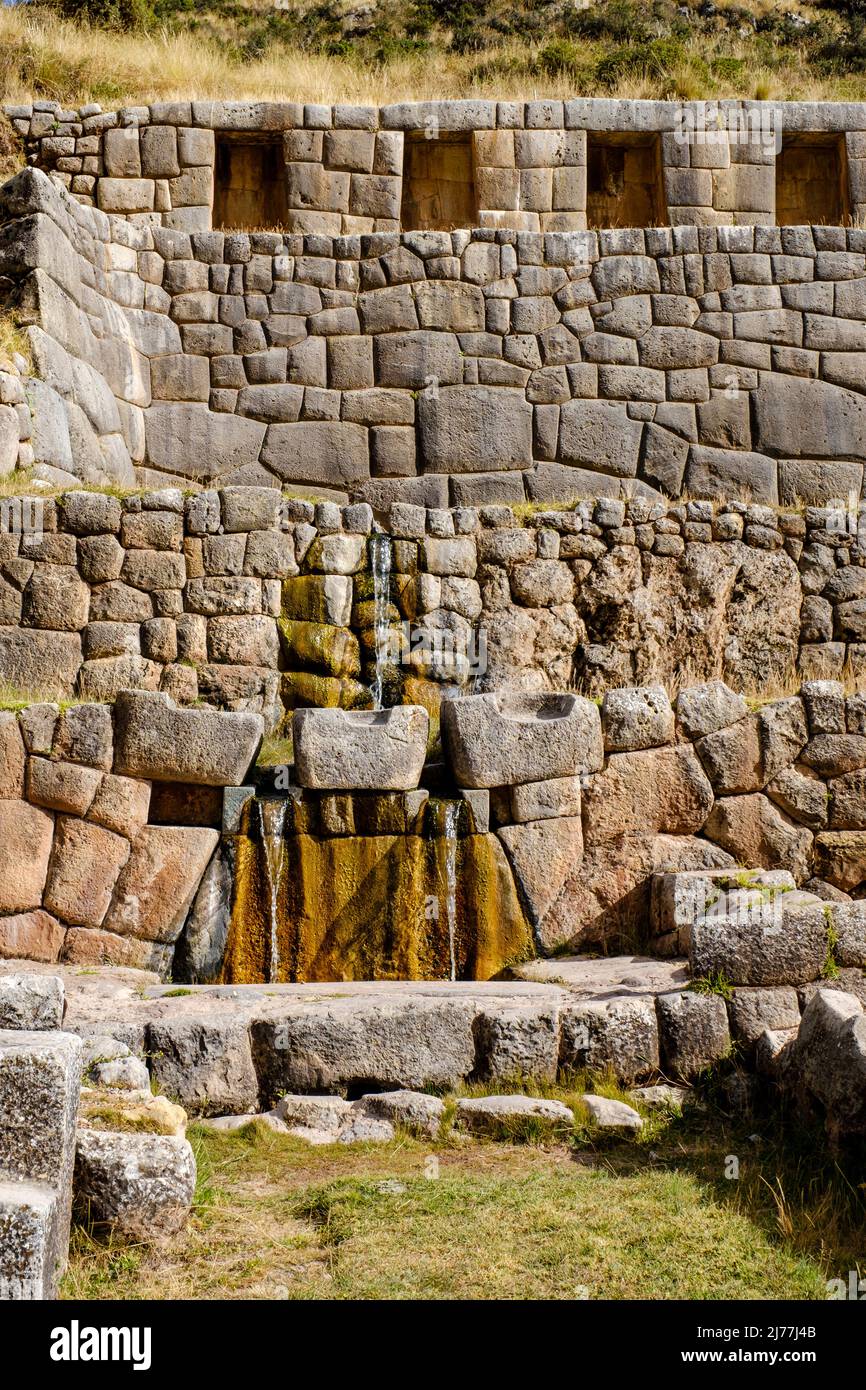 Tambomachay archaeological site waterworks near Cusco, Peru. Also known as El Baño del Inca (the bath of the Inca). Stock Photo