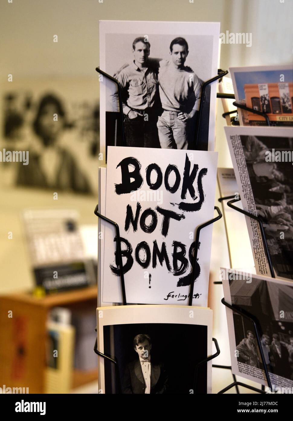 Postcards and books for sale at the landmark City Lights Booksellers ...