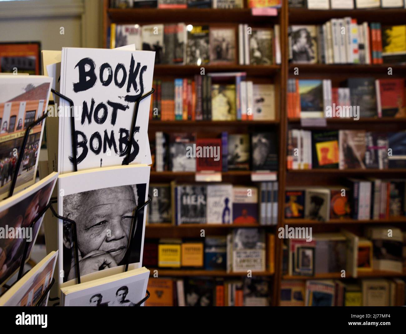 Postcards and books for sale at the landmark City Lights Booksellers shop in San Francisco