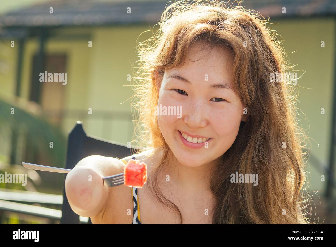 Beautiful Asian Woman Eating Breakfast At Tropical Resort She Is Drinks