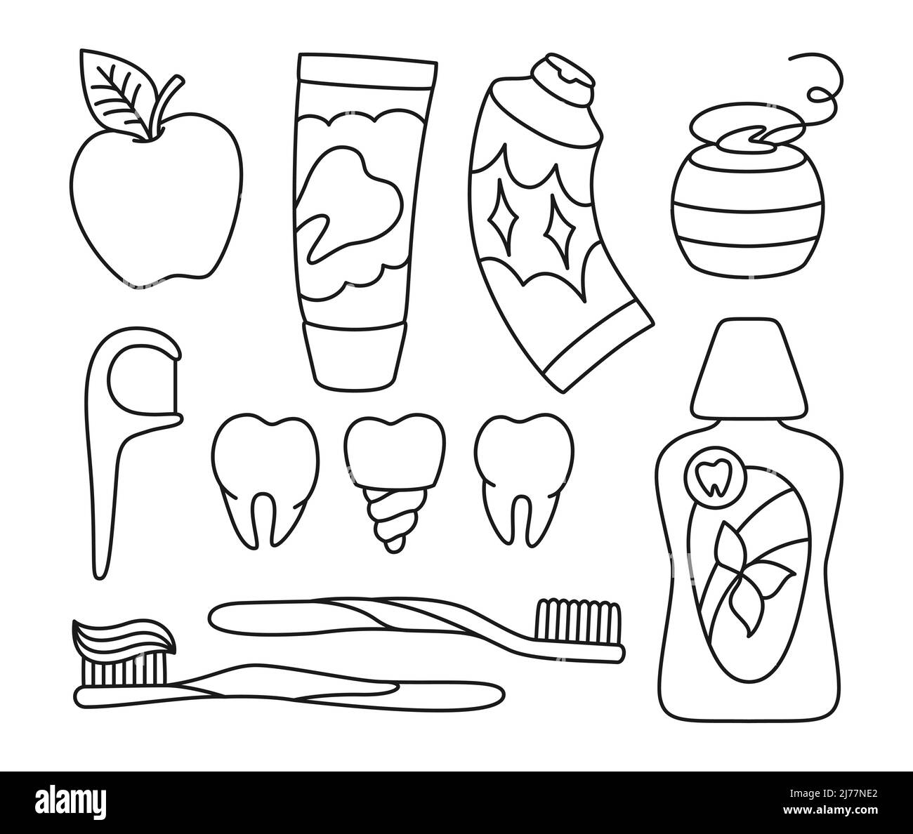 Dental tools sign set. Healthy tooth, dentistry implant, toothbrushes, toothpaste, dental floss, mouthwash. Mouth cleaning, healthcare oral hygiene line symbol, clean teeth. Orthodontic concept Stock Vector
