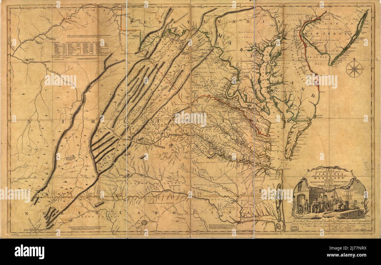 A map of the most inhabited part of Virginia containing the whole province of Maryland with part of Pensilvania, New Jersey and North Carolina. LOC 74693166 Stock Photo