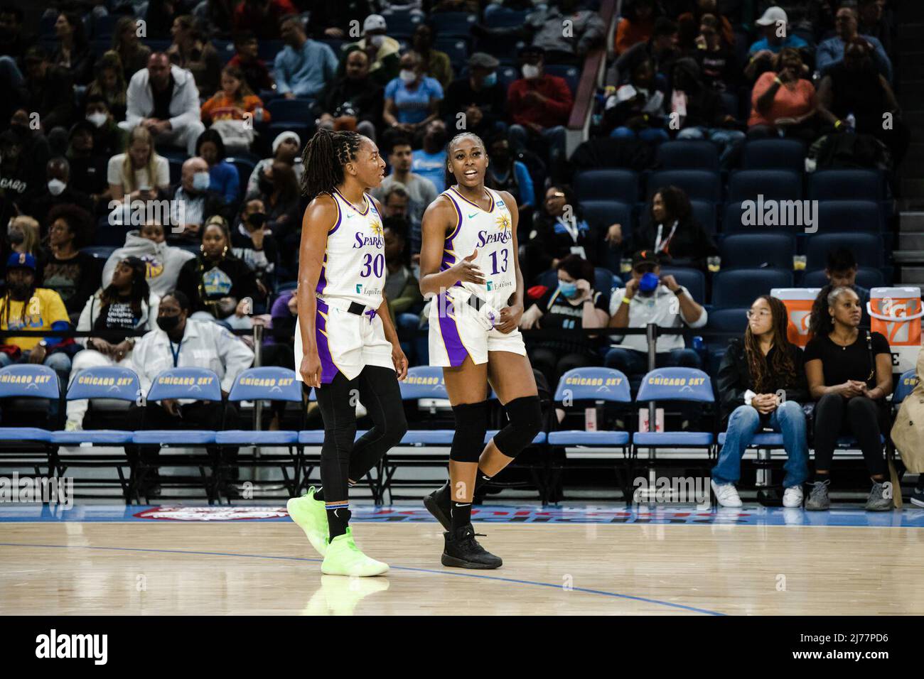 Nneka Ogwumike (30 Los Angeles Sparks) and sister Chiney Ogwumike (13 Los Angeles Sparks) speak to eachother during the WNBA basketball game between the Chicago Sky and Los Angeles Sparks on Friday May 6th, 2022 at Wintrust Arena, Chicago, USA. (NO COMMERCIAL USAGE)  Shaina Benhiyoun/SPP Stock Photo