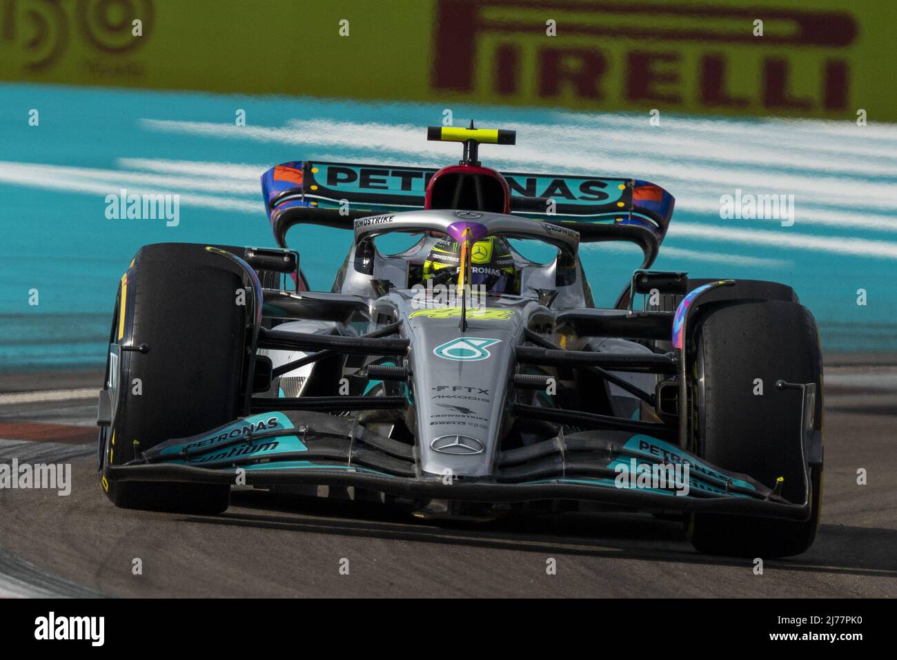 British Formula One driver Lewis Hamilton of Mercedes-AMG Petronas in action during Free Practice 2 of the Formula One Grand Prix of Miami at the Miami International Autodrome in Miami, Florida on Friday, May 6, 2022.    Photo by Shawn Thew/UPI Stock Photo