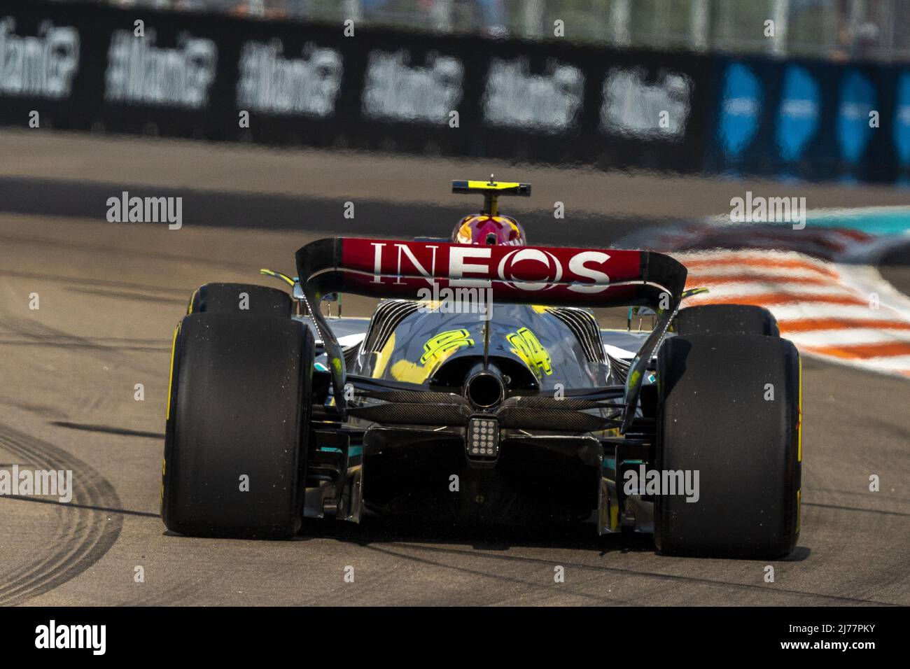 British Formula One driver Lewis Hamilton of Mercedes-AMG Petronas in action during Free Practice 2 of the Formula One Grand Prix of Miami at the Miami International Autodrome in Miami, Florida on Friday, May 6, 2022.    Photo by Shawn Thew/UPI Stock Photo