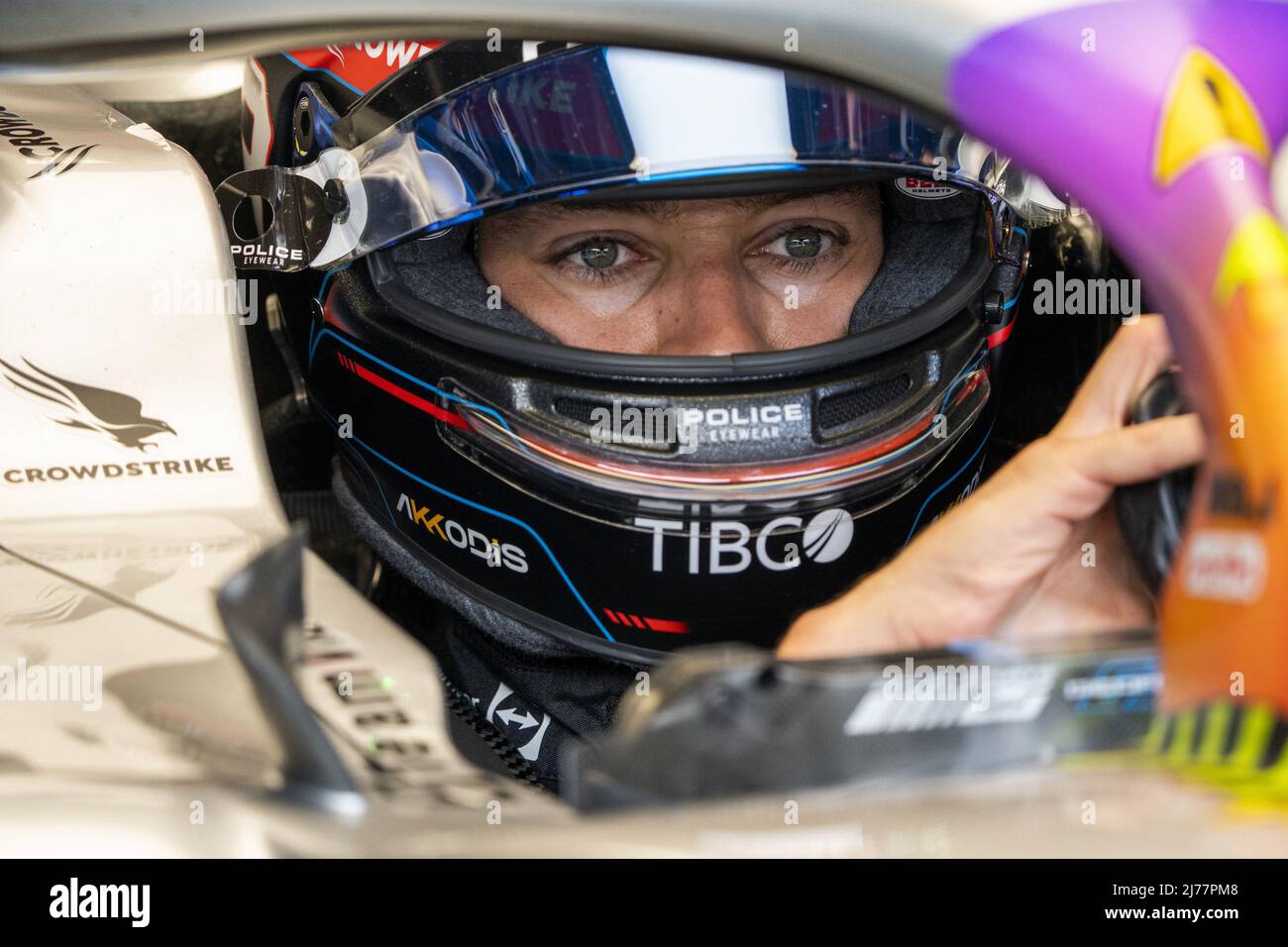 British Formula One driver George Russell of Mercedes-AMG Petronas in his car during Free Practice 1 of the Formula One Grand Prix of Miami at the Miami International Autodrome in Miami, Florida on Friday, May 6, 2022.    Photo by Shawn Thew/UPI Stock Photo
