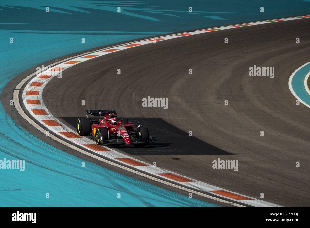 Monaco's Formula One driver Charles Leclerc of Scuderia Ferrari in action during Free Practice 2 of the Formula One Grand Prix of Miami at the Miami International Autodrome in Miami, Florida on Friday, May 6, 2022.    Photo by Shawn Thew/UPI Stock Photo