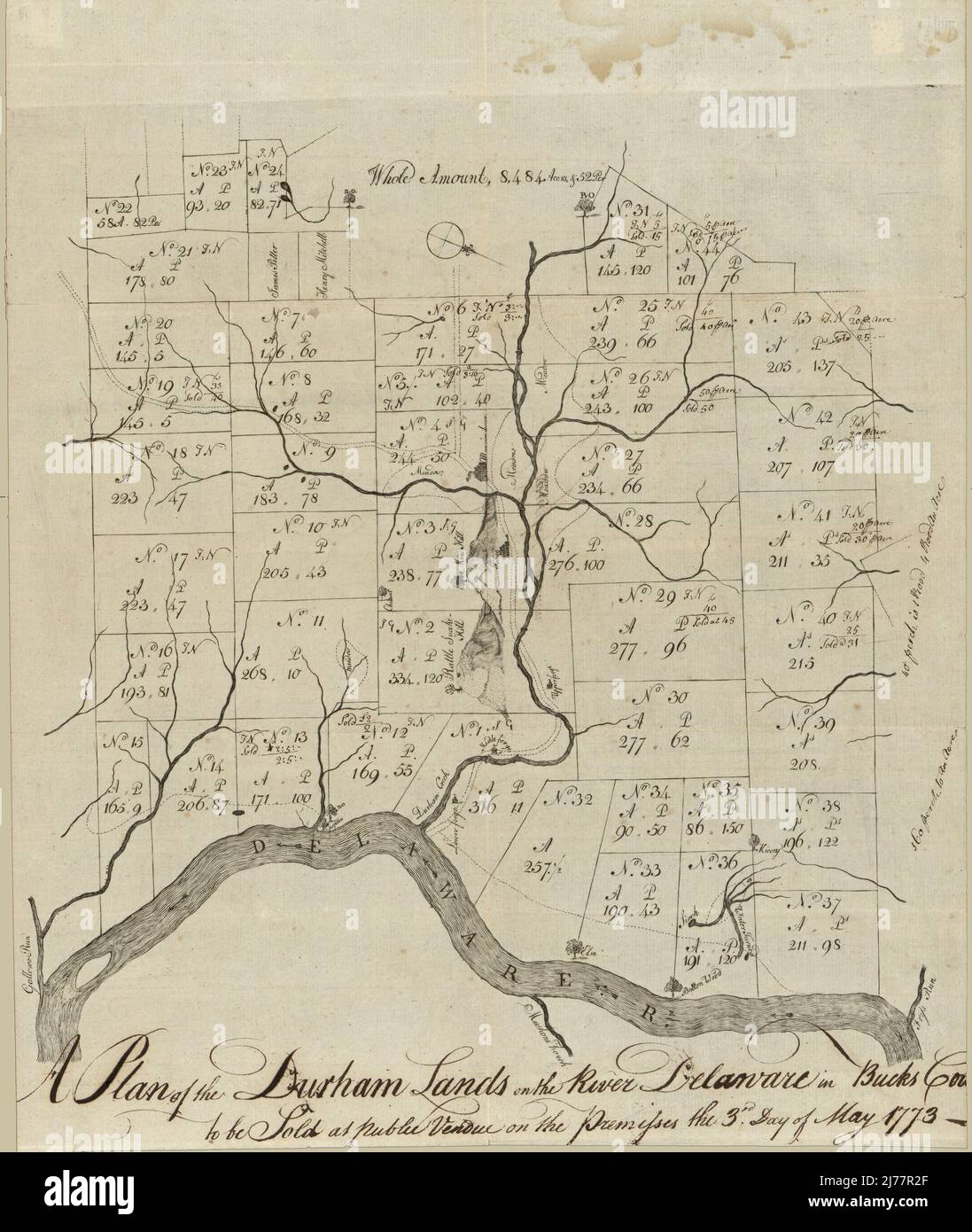 A Plan of the Durham lands on the River Delaware in Bucks Cou(nty) - to be sold at public vendue on the premisses the 3rd day of May 1773. LOC 88694000 Stock Photo