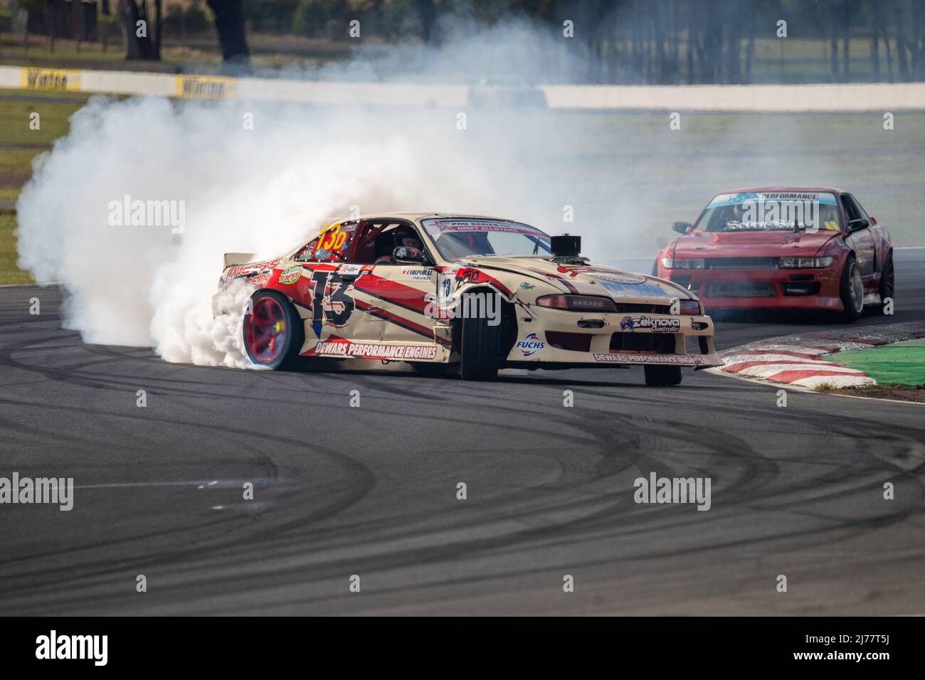 Benalla, Victoria, Australia. 7th May 2022. Aaron Dewar running the lead line while being chased by Sam Mudge at Winton Motor Raceway for Hi-Tec Drift All Stars Round 3. Credit: James Forrester/Alamy Live News Stock Photo