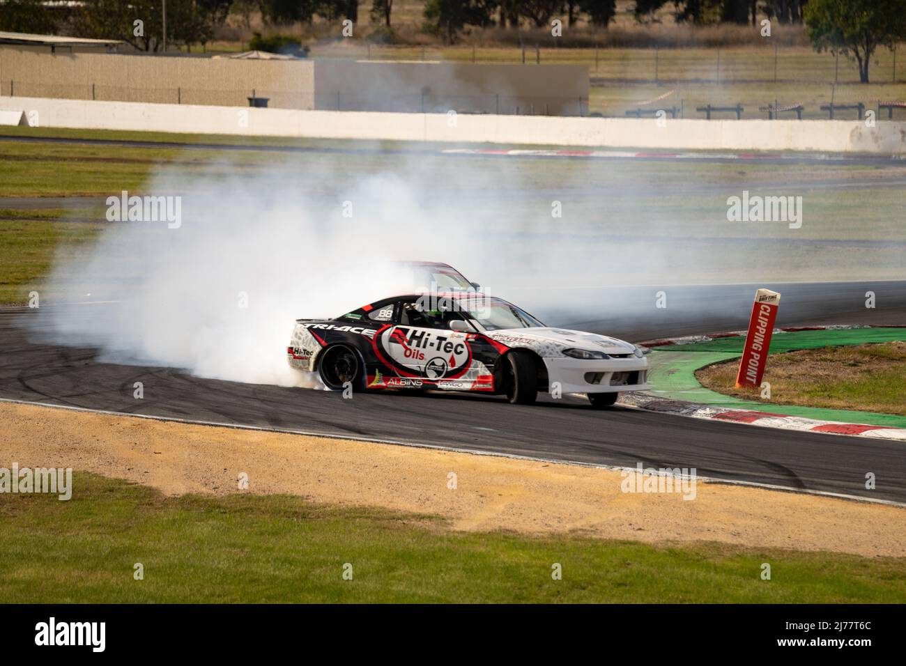 Benalla, Victoria, Australia. 7th May 2022. James Abbott running the lead line around the Motorsport News Esses at Winton Motor Raceway for Hi-Tec Drift All Stars Round 3. Credit: James Forrester/Alamy Live News Stock Photo