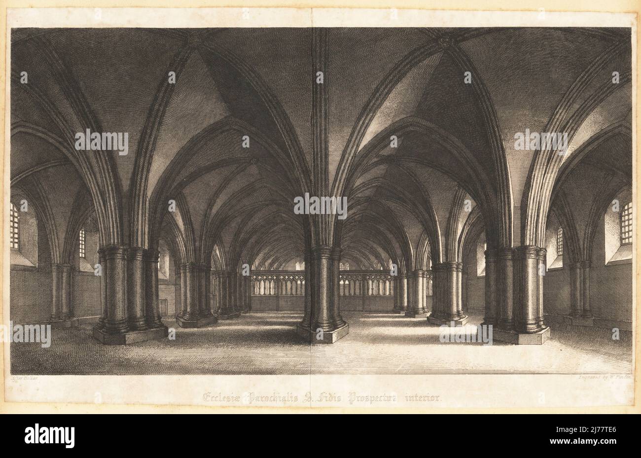 View of St Faith's Church in the crypt of old St Paul's Cathedral, London, 1657. Ecclesiae Parochialis S. Fidis Prospectus. Copperplate engraving by W. Finden after an etching by Wenceslaus Hollar, London, late 18th century. Stock Photo