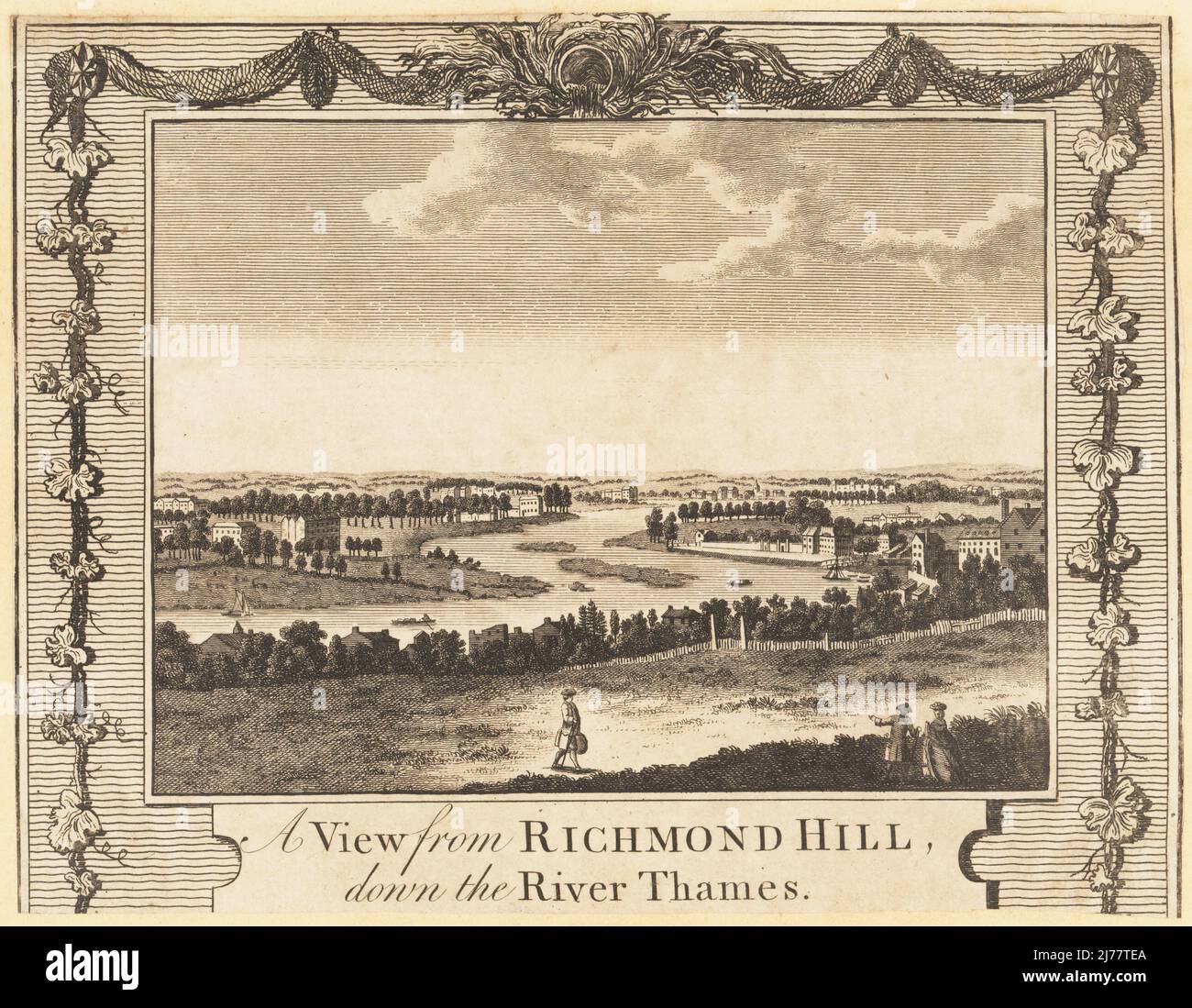 A view from Richmond Hill down the River Thames. Showing Richmond, Brentford, Isleworth, Syon House and Park, but lacking Richmond Bridge built in 1777. Copperplate engraving by William Thornton after a 1749 painting by Antonio Joli, London, 1784. Stock Photo