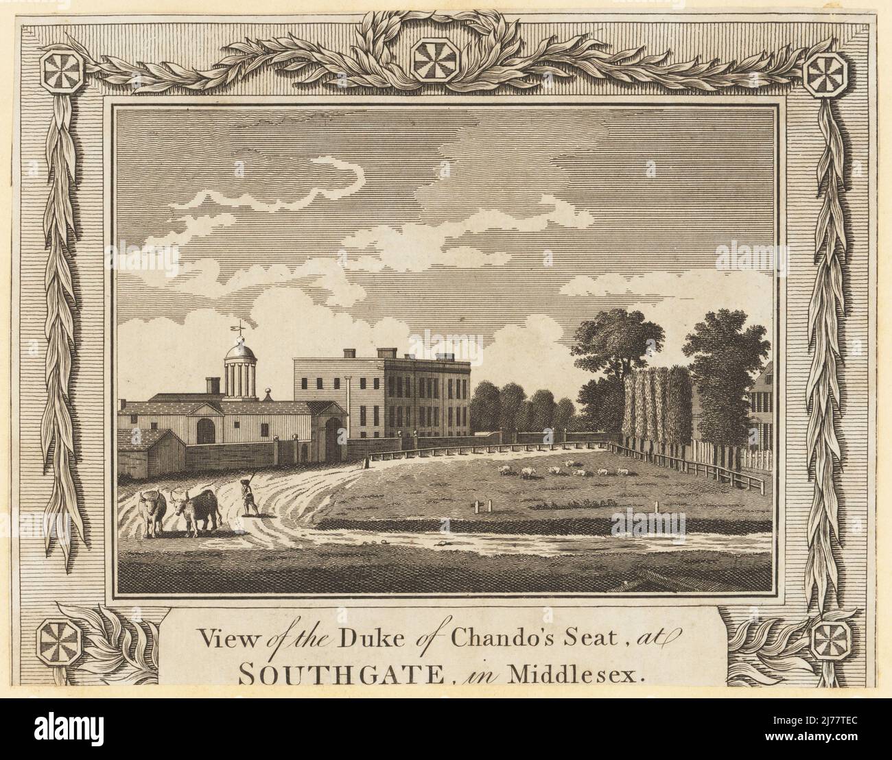 View of Minchington Hall, Southaget, Middlesex, 1784. Seat of James Brydges, 3rd Duke of Chandos, slave owner of the Hope Estate, Jamaica. House demolished in 1853. Copperplate engraving by Roberts from William Thornton’s New History and Survey of London, published by Alexander Hogg at the King’s Arms, Paternoster Row, London, 1784. Stock Photo