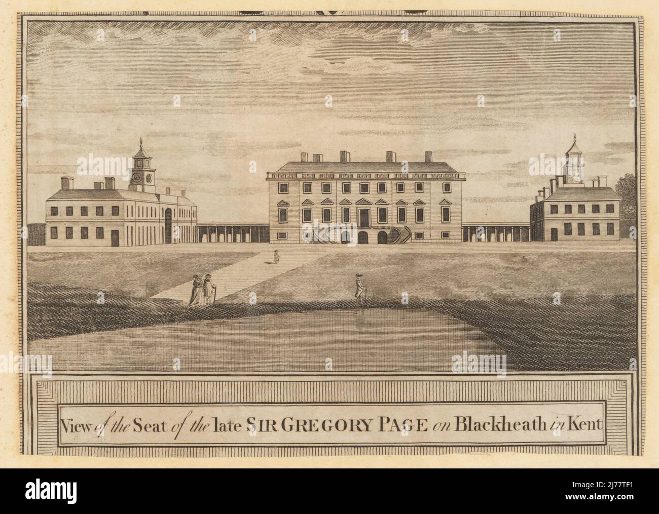 Wricklemarsh House, Kent, 1784. View of the seat of the late Sir Gregory Page on Blackheath in Kent. 18th century great house with curved double staircase, pond in landscaped park in foreground. Built in the 1720s for 100,000 pounds, never used,  inherited by Sir Gregory Page-Turner in 1783 who demolished it by 1803. Copperplate engraving from George Walpoole's New and Complete British Traveller, London, 1784. Stock Photo