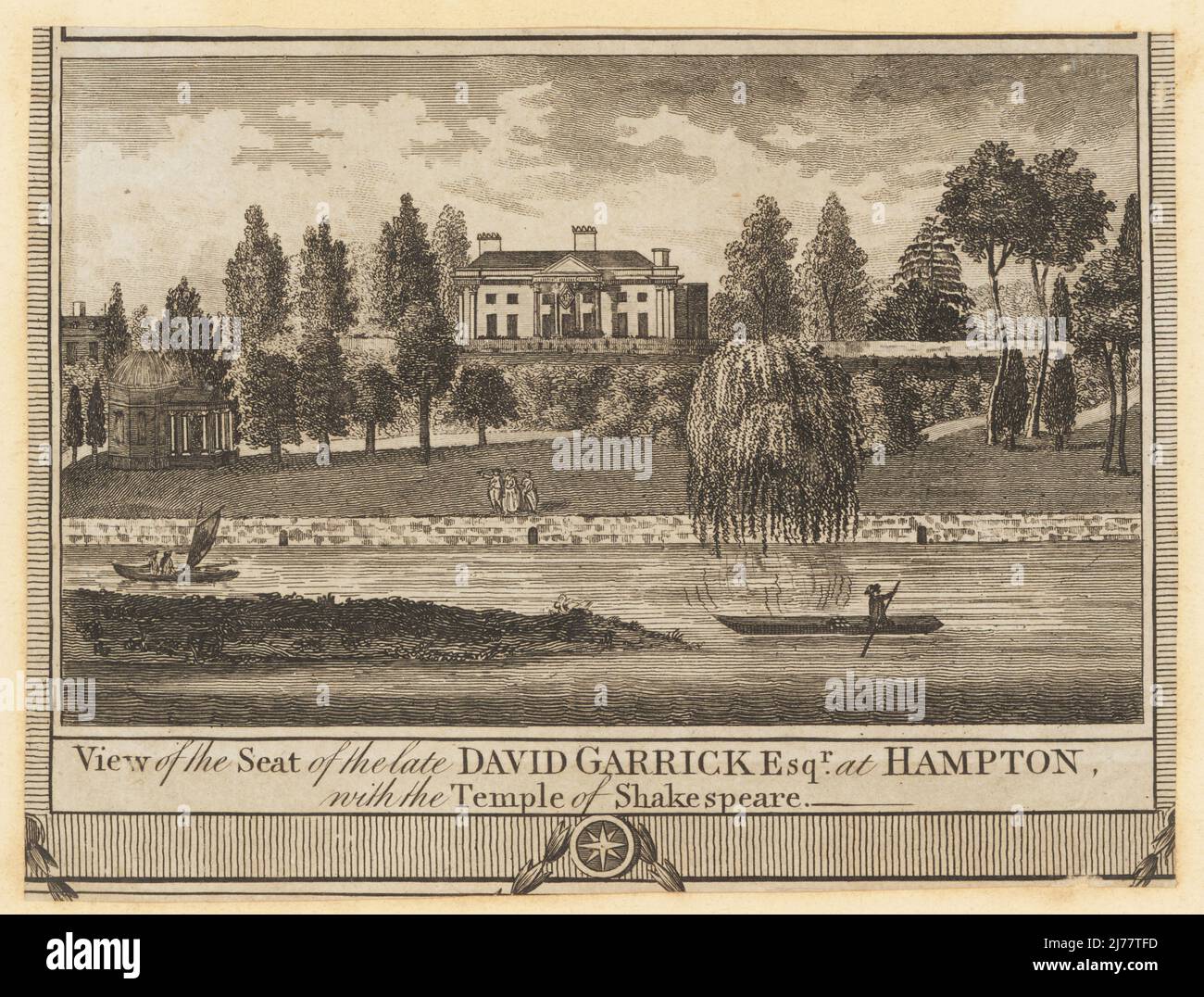 View of David Garrick's Villa, Hampton Court Road, 18th century. Seat of the late David Garrick Esq at Hampton. Portico by neoclassical architect Robert Adam added in the 1750s, and Temple of Shakespeare, an octagonal dome with Ionic portico, built in the garden around 1755. Copperplate engraving from William Thornton’s New, Complete and Universal History of the City of London, Alexander Hogg, King's Arms, No. 16 Paternoster Row, London, 1784. Stock Photo
