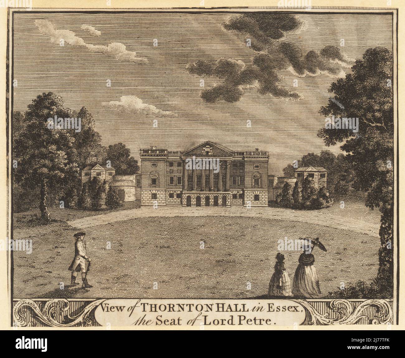 View of Thornton Hall in Essex, the seat of Lord Petre. Robert Edward Petre, 9th Baron Petre, 1742-1801. Georgian Palladian country house built by architect James Paine in 1764. View from the park, driveway in front of the colonnade, three figures in the foreground, one woman holding an open parasol. Copperplate engraving from William Thornton’s New, Complete and Universal History of the City of London, Alexander Hogg, King's Arms, No. 16 Paternoster Row, London, 1784. Stock Photo