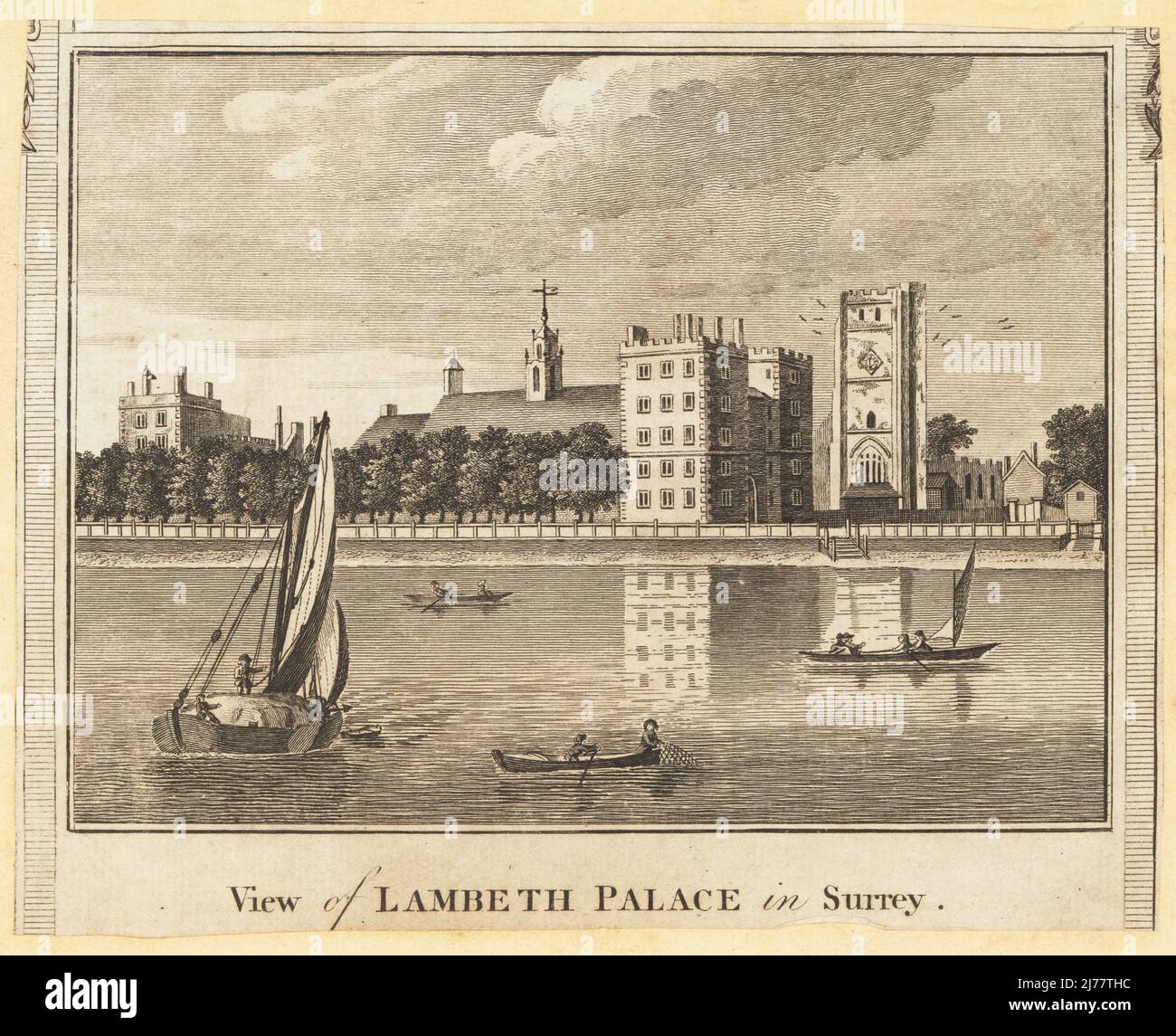 View of Lambeth Palace in Surrey., 18th century. Gothic-revival style residence of the Archbishop of Canterbury. With boats on the River Thames in the foreground. Copperplate engraving by John Taylor from William Thornton’s New History and Survey of London, published by Alexander Hogg at the King’s Arms, 16 Paternoster Row, London, 1784. Stock Photo