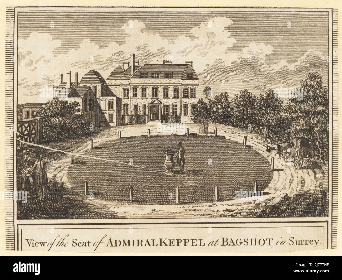 View of Bagshot Lodge, Surrey. Built in the 17th century by Inigo Jones, remodelled in the 1760s by architect James Paine for General George Keppel, Earl of Albemarle. A man stands next to a sundial in the garden. View of the seat of Admiral Keppel at Bagshot in Surrey. Copperplate engraving by Page from William Thornton’s New History and Survey of London, published by Alexander Hogg at the King’s Arms, 16 Paternoster Row, London, 1784. Stock Photo
