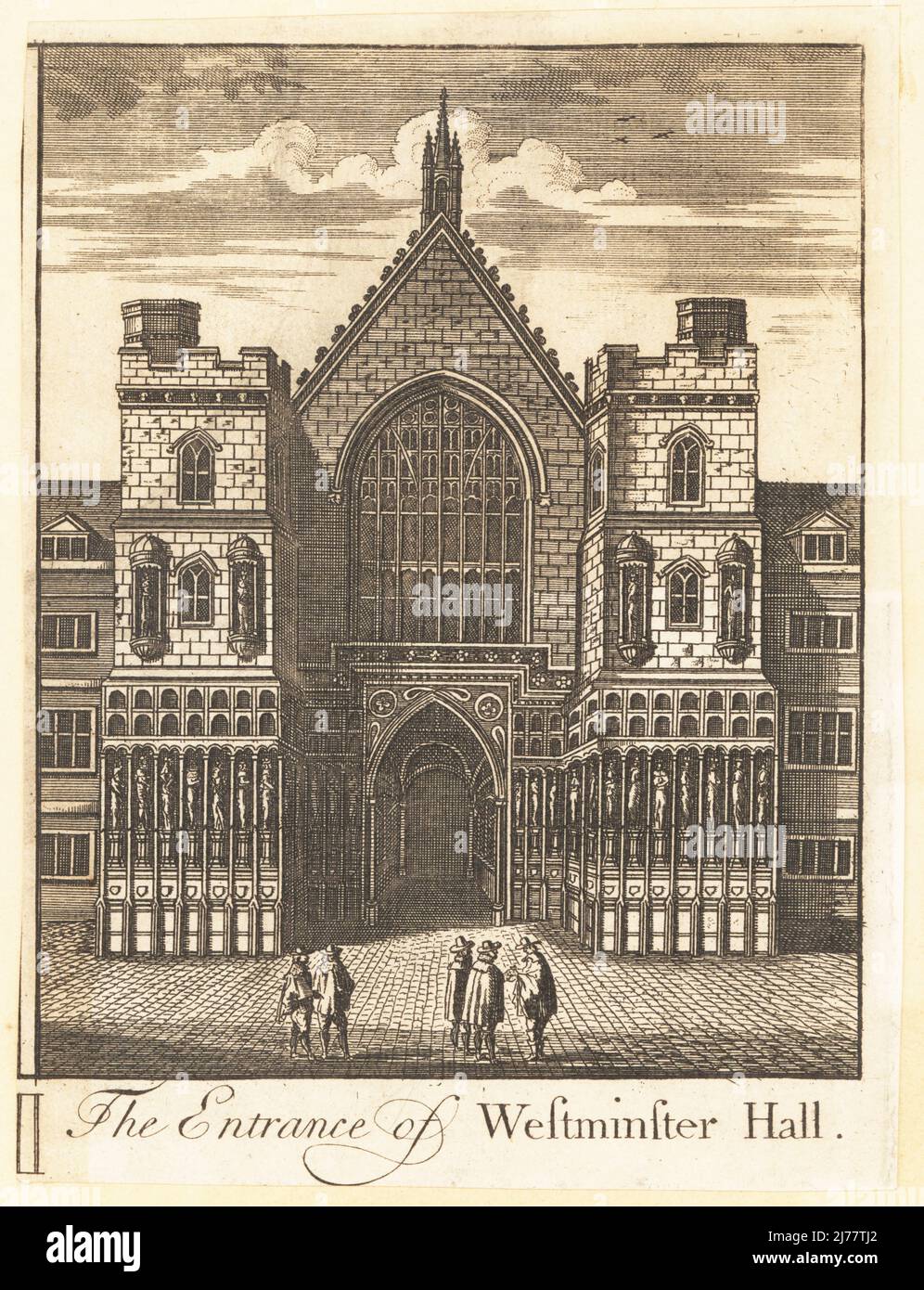 The Entrance of Westminster Hall, 18th century. View of the arched entrance porch to the Gothic style hall; statues of kings of England from Edward the Confessor to Richard II in niches in the walls of the towers to either side. Copperplate engraving by an unknown artist, published in London, circa 1720. Stock Photo