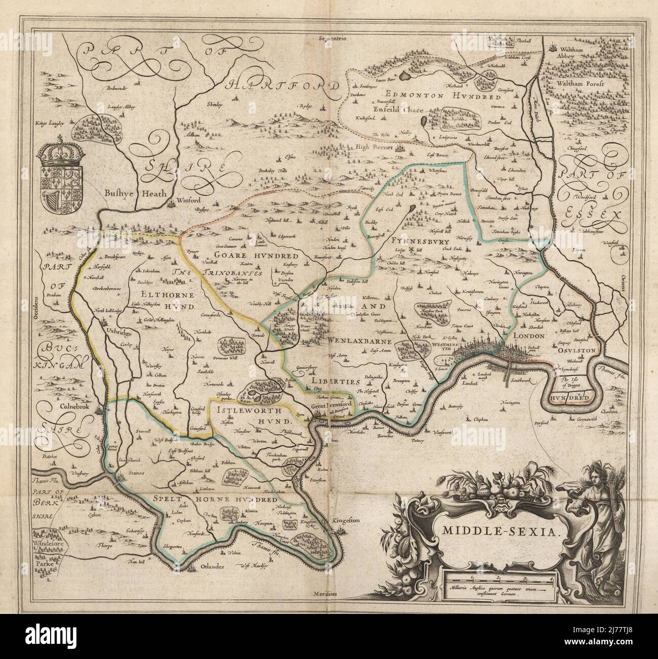 Map of the city of London and county of Middlesex, circa 1600. London shown as clutch of churches, surrounded by parishes Kensington, Chelsey, St. Gylles, Lambeth, Southwork, Hampton Court, on the River Thames, Hyde Park and Marybon Park. With title Middle-Sexia in cartouche and coat of arms. Handcoloured copperplate engraving by Johannes Blaeu from Geographiae Volumen Quintum quo Angliae, county atlas of England and Wales, Amsterdam, 1662. Stock Photo