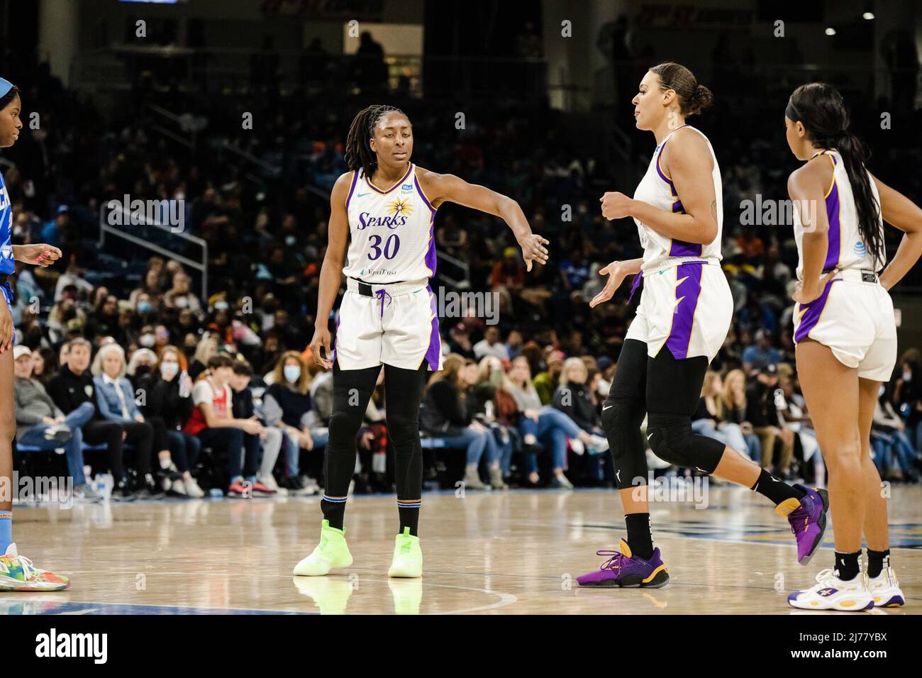 Nneka Ogwumike (30 Los Angeles Sparks) and Liz Cambage (1 Los Angeles Sparks) high-five eachother during the WNBA basketball game between the Chicago Sky and Los Angeles Sparks on Friday May 6th, 2022 at Wintrust Arena, Chicago, USA. (NO COMMERCIAL USAGE)  Shaina Benhiyoun/SPP Stock Photo
