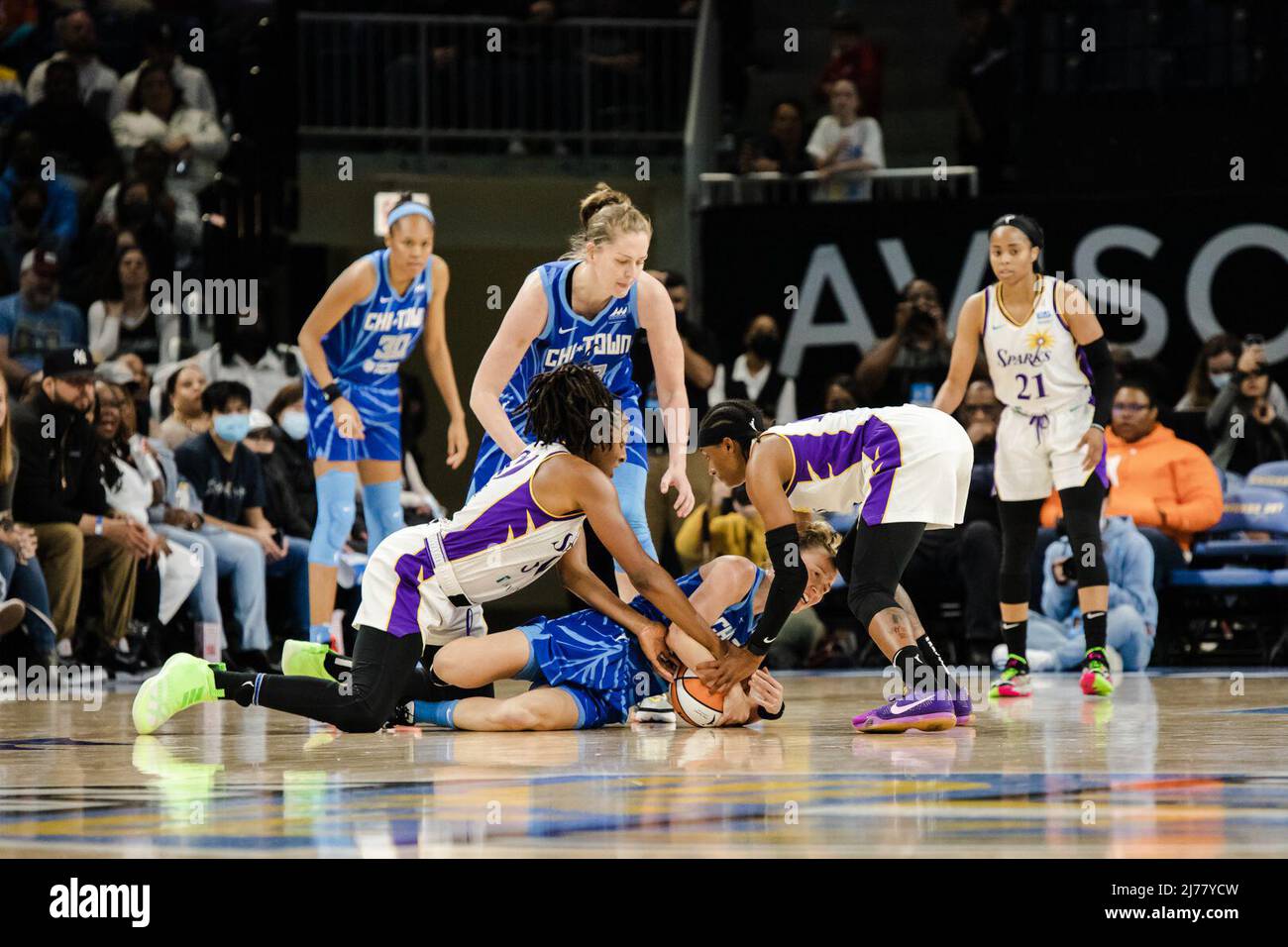 Brittney Sykes (15 Los Angeles Sparks) and Nneka Ogwumike (30 Los Angeles Sparks) try to steal the ball during the WNBA basketball game between the Chicago Sky and Los Angeles Sparks on Friday May 6th, 2022 at Wintrust Arena, Chicago, USA. (NO COMMERCIAL USAGE)  Shaina Benhiyoun/SPP Stock Photo