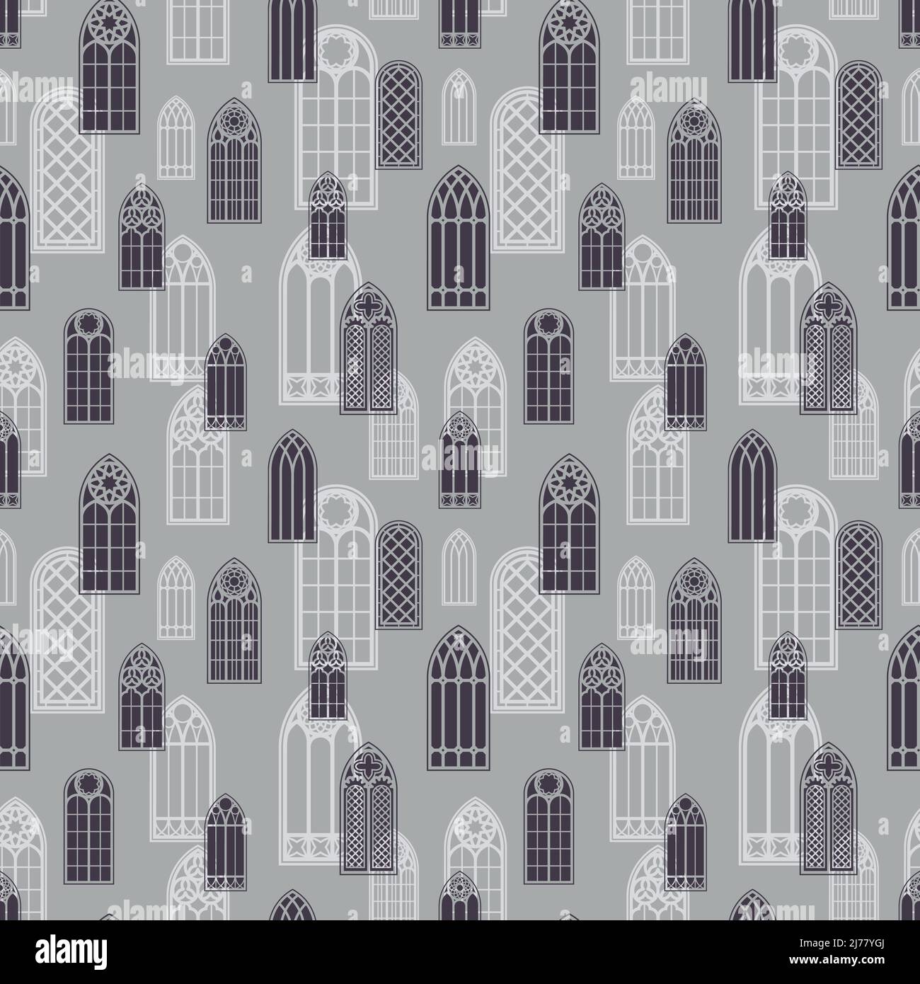 Gothic windows seamless pattern. Silhouette of vintage stained glass church frames. Vector. Stock Vector