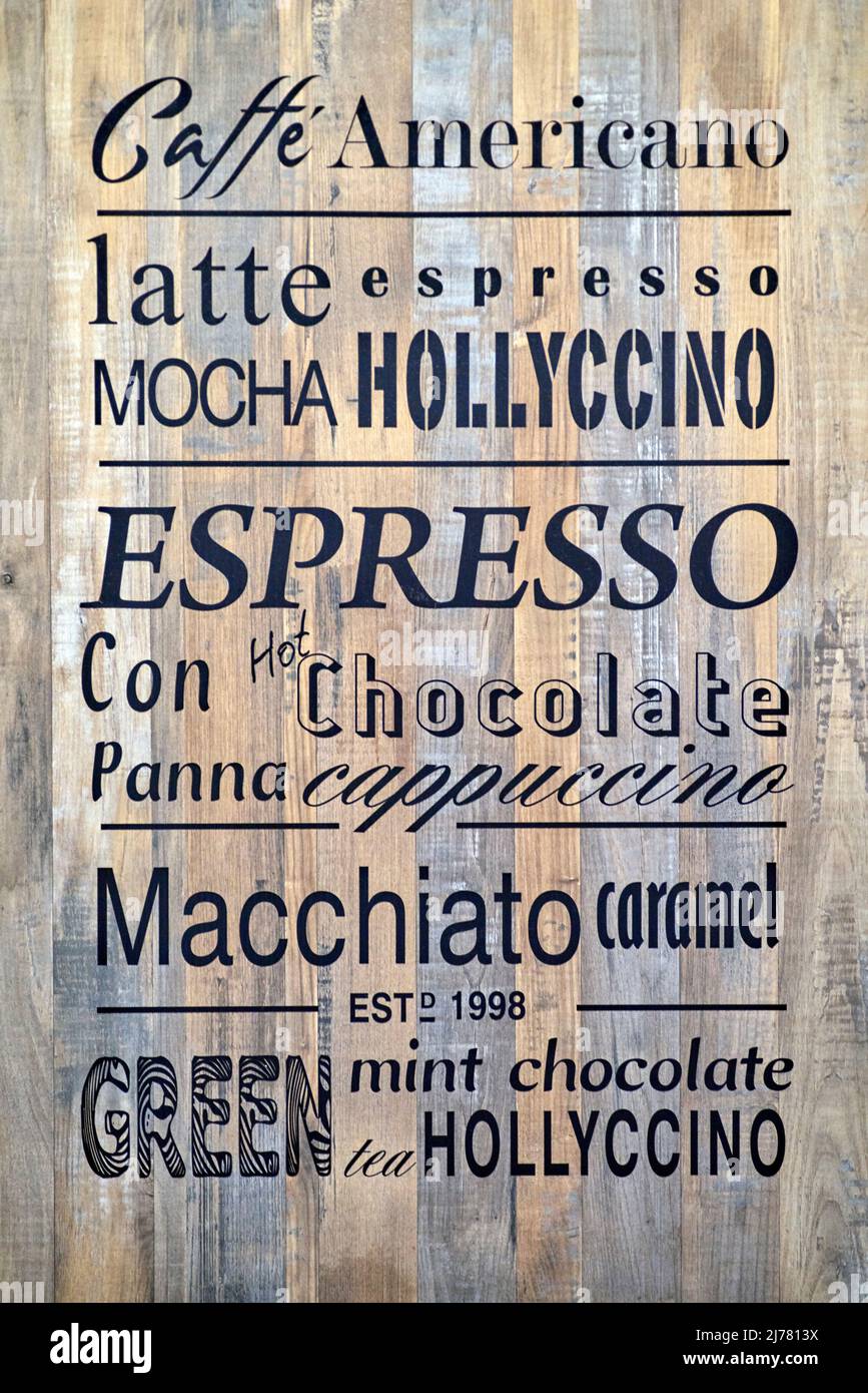 Coffee menu sign of range of brands available Stock Photo