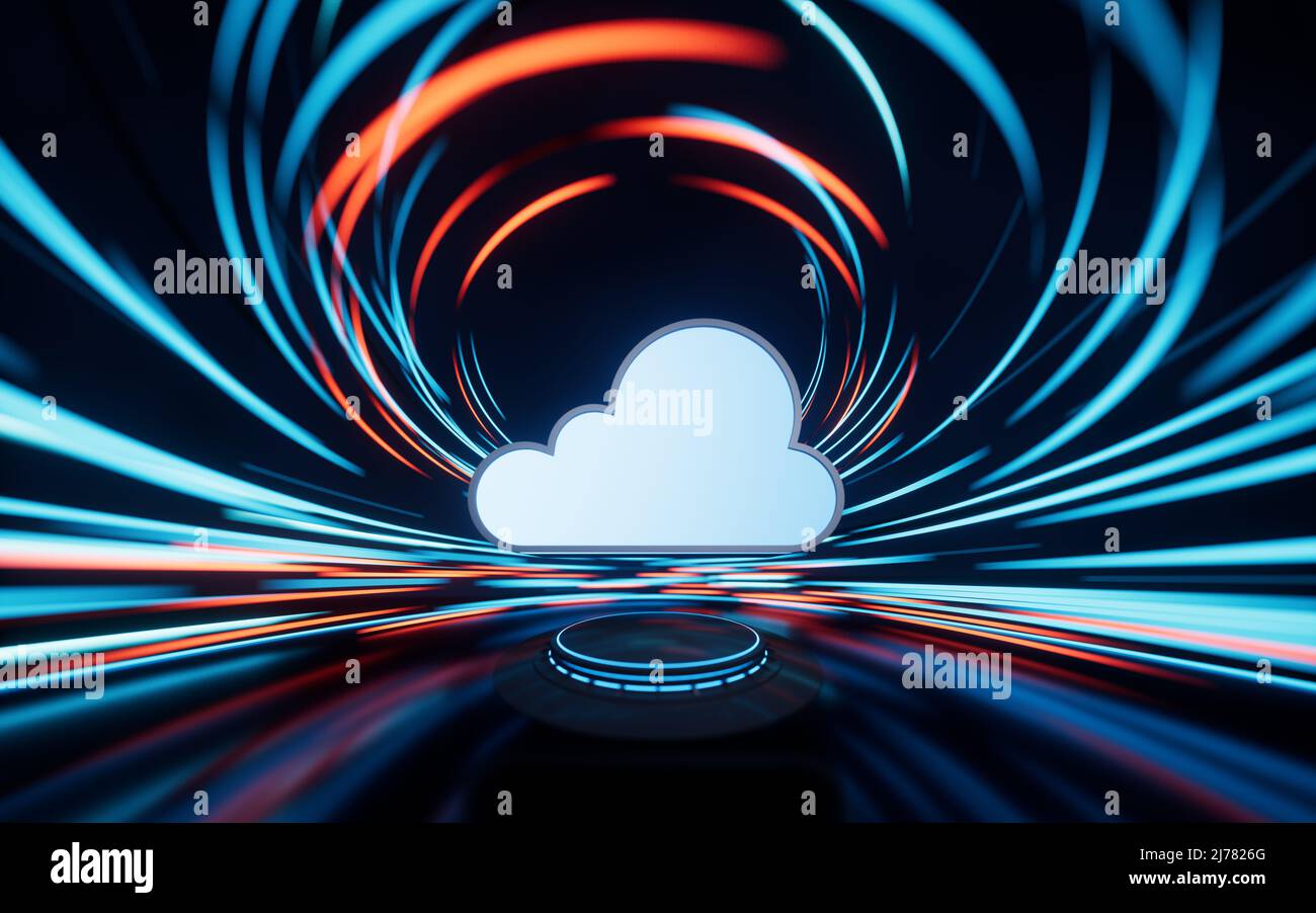 Cloud computing with spin lines effect background, 3d rendering ...