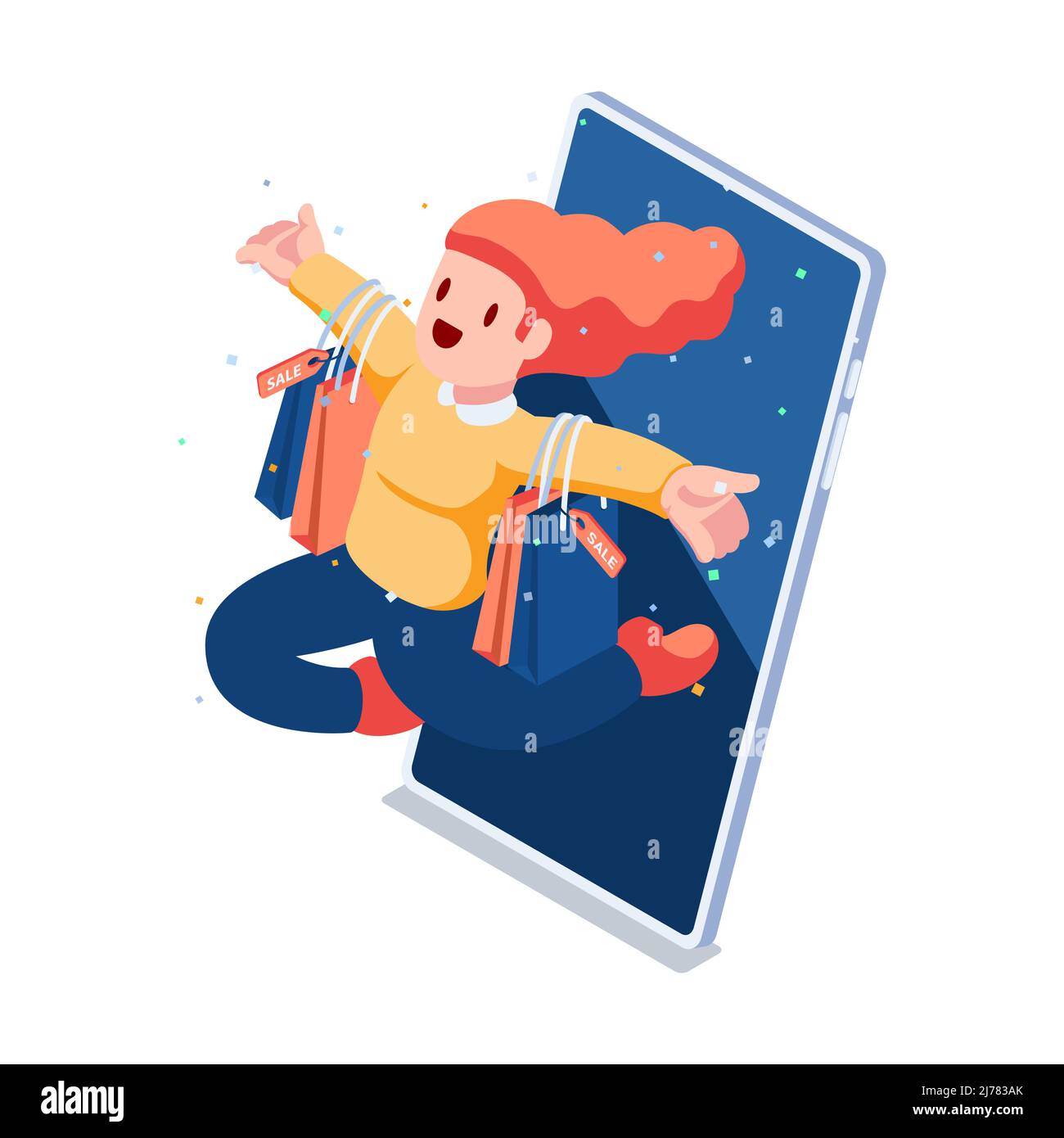 Flat 3d Isometric Woman Carrying Shopping Bags Come Out from Smartphone. Online Shopping Concept. Stock Vector