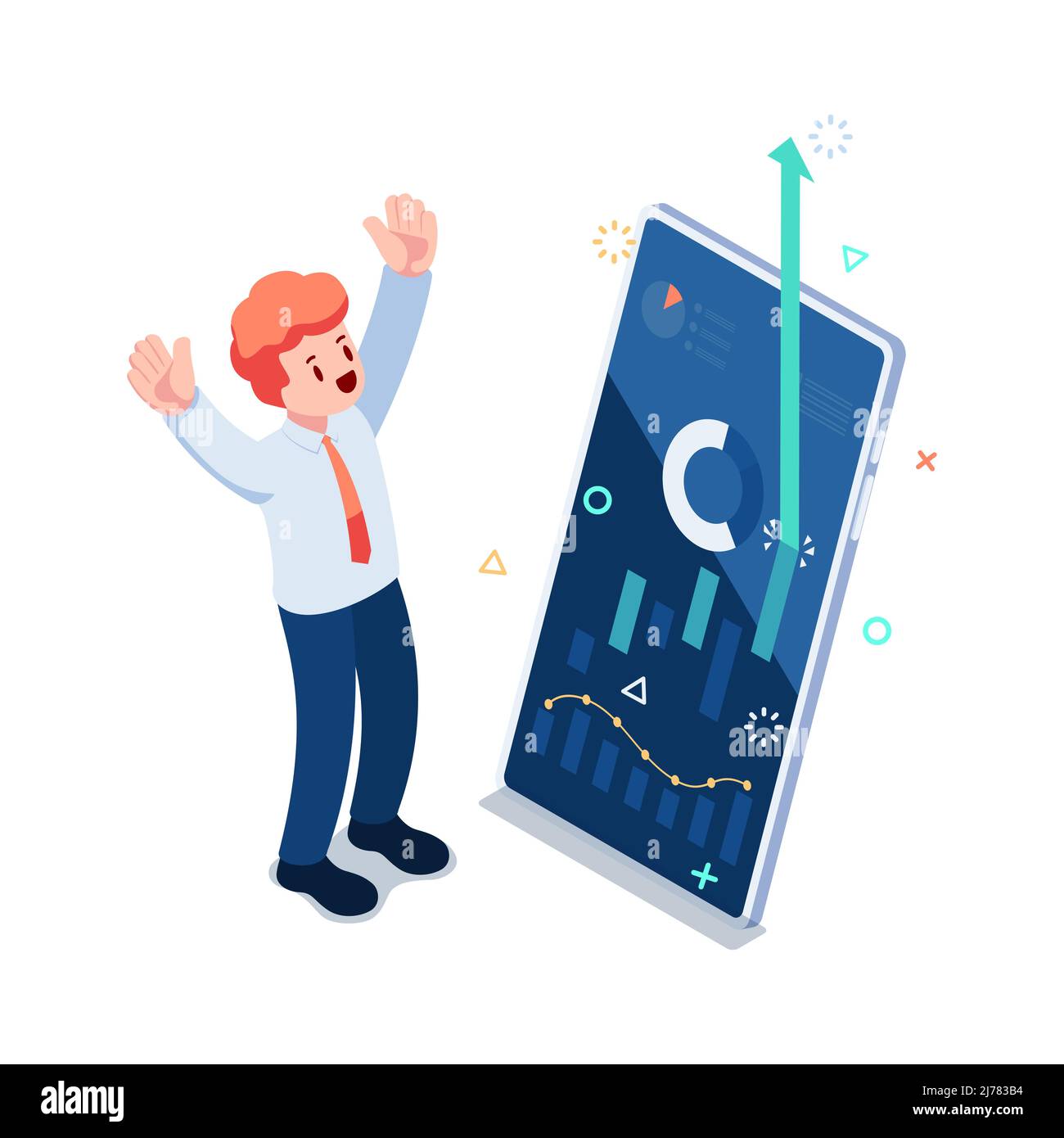Flat 3d Isometric Businessman with All Time High Graph on Smartphone. Stock Market and Investment Concept. Stock Vector